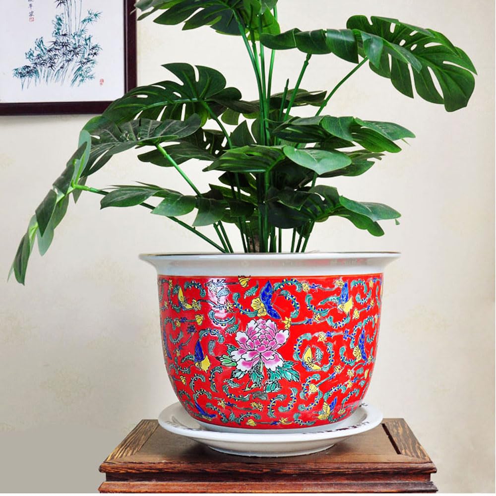 DFGHNBVC Jingdezhen Ceramics Flower Pot Chinoiserie Plant Pot Porcelain Indoor/Outdoor Flower Pot Pattern Pastel Porcelain Large Round Succulent Plant Garden Pot With Tray,A-20 * 14cm