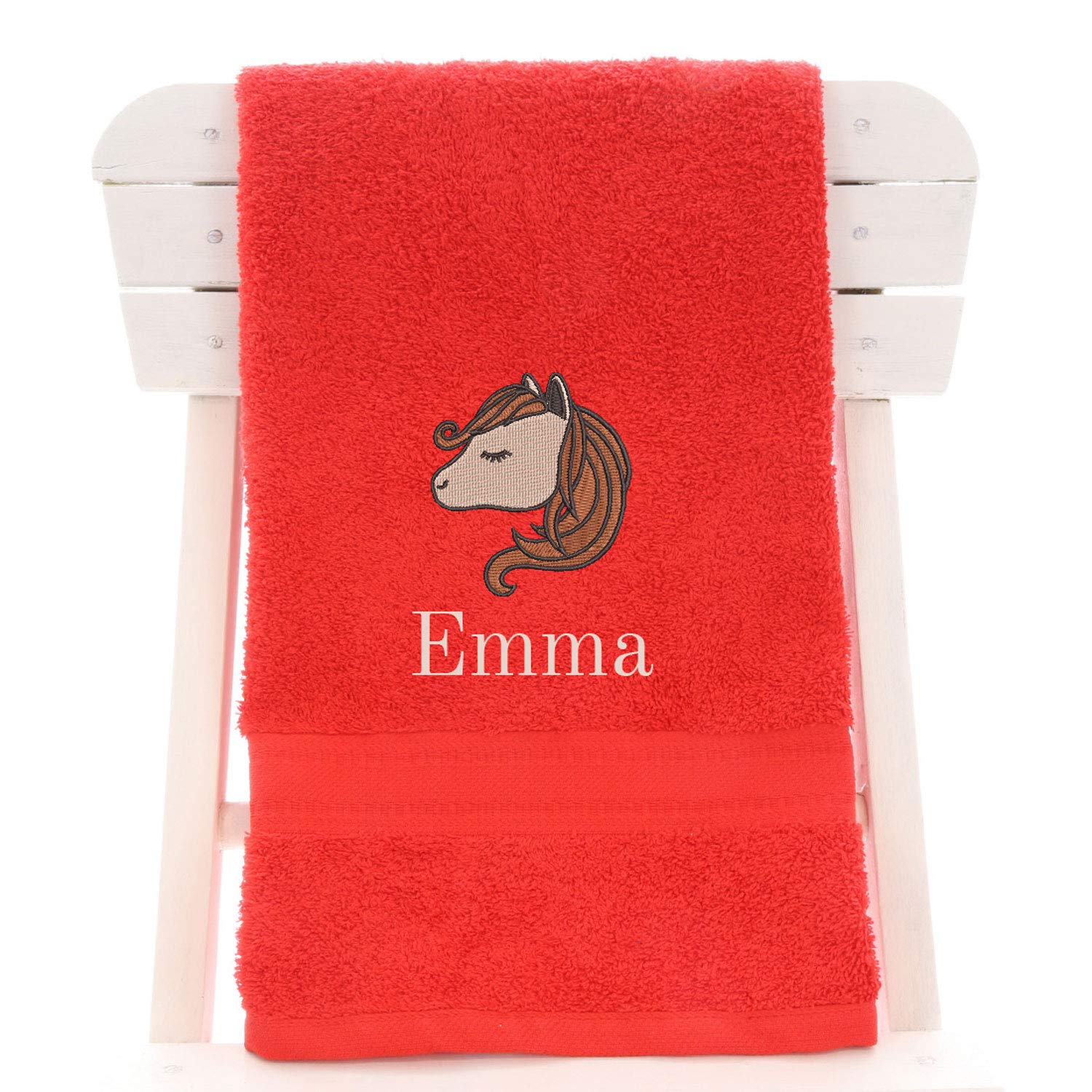 aztex Personalised Children's 100% Cotton Bath Towel with Horse Logo & Name, 550gsm, 70cm x 130cm - Red