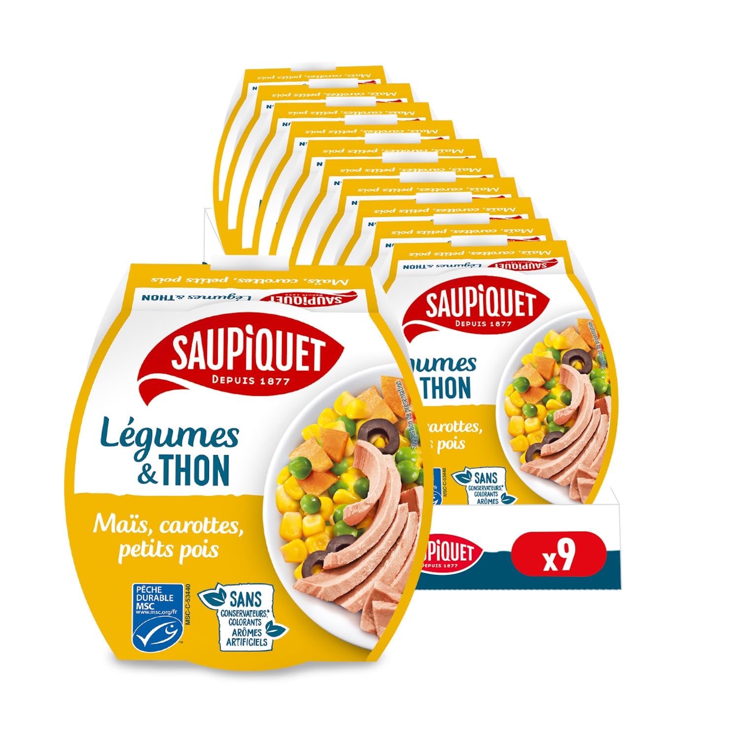 SAUPIQUET - Légumes & Thon - Maïs, Carottes, Petits Pois - Salade Prête à Consommer - Température Ambiante - Idéal Pique-Nique - Poisson Issu Pêche Traçabilité Garantie - 9 Conserves (160 g)