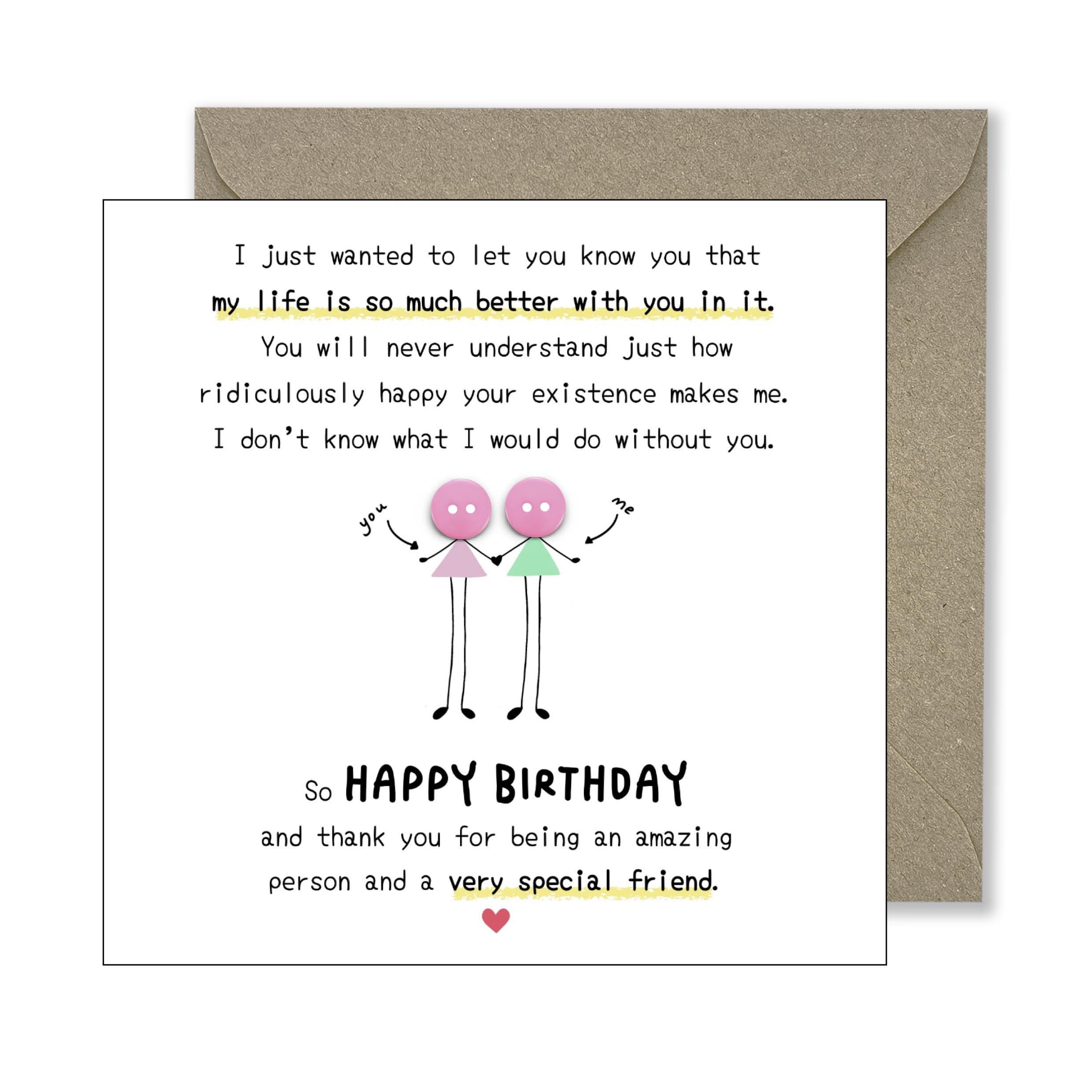 Happy Birthday Card for a Special Friend - Bday Card with Button People - Card for Best Friend - Hand Crafted Bday Greeting Card for Bestie