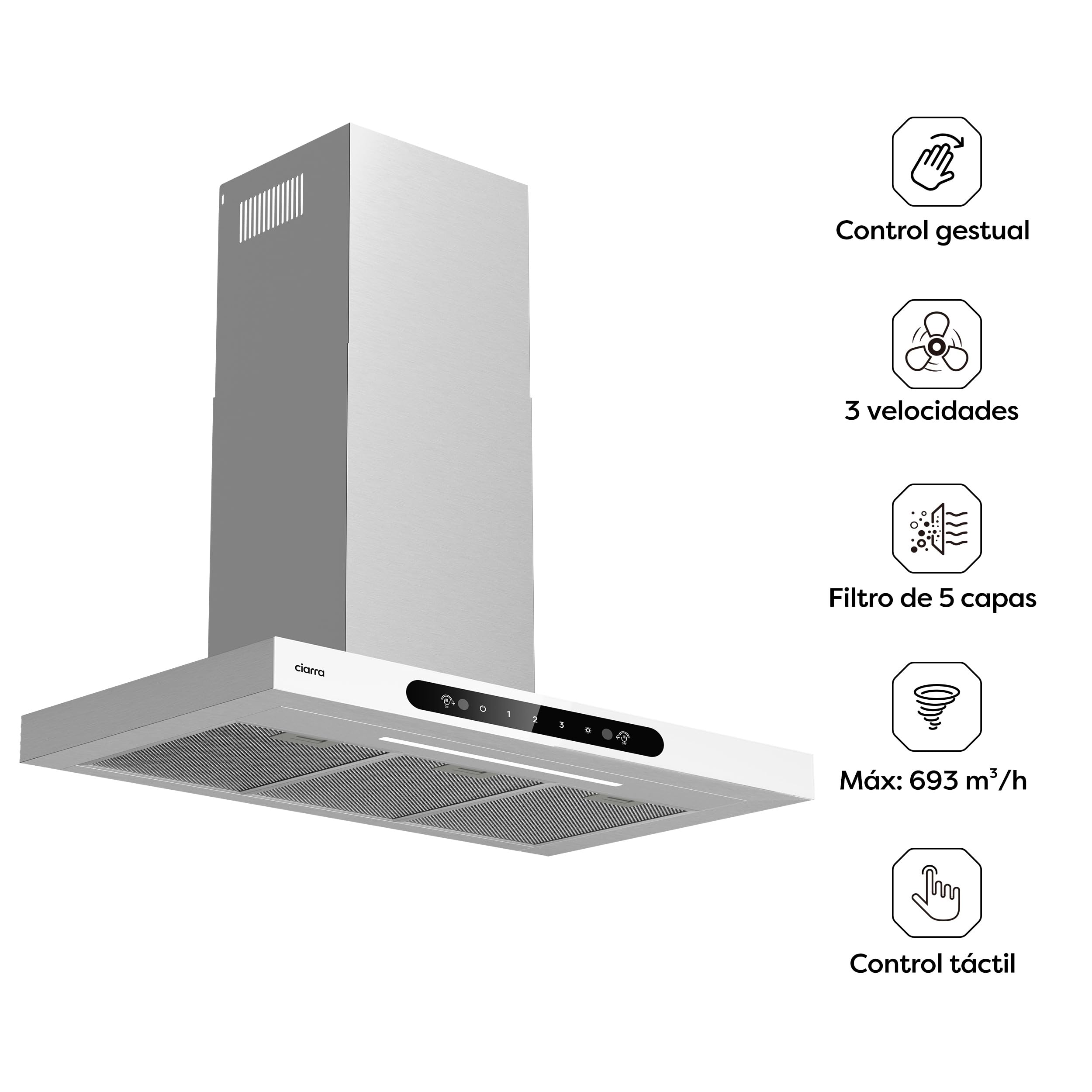Ciarra AW9102-W Dynamic A+++ Campana extractora 90 cm Recirculación 693 m³/h 61 dB Control de gestos Campana de pared Acero inoxidable Vidrio Blanco