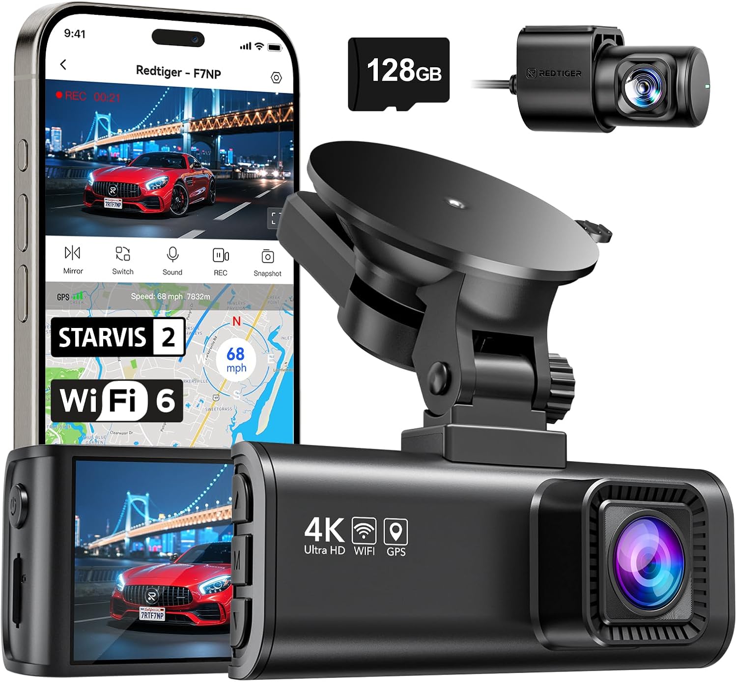 REDTIGER 4K Dash Cam Front and Rear with STARVIS 2, 5.8GHz Wi-Fi Dash Camera for Cars, 128GB Card Included, GPS, 3.18”IPS Screen, Night Vision, 170°Wide Angle, WDR, 24H Parking Mode(F7NP)