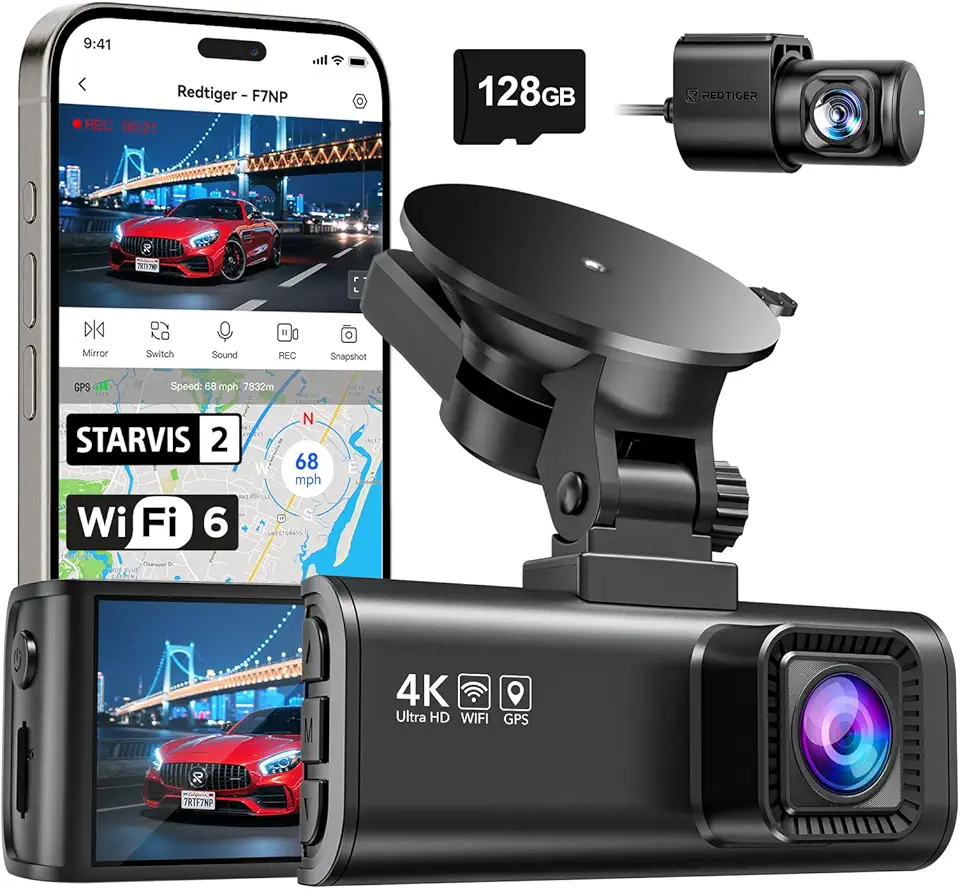 REDTIGER 4K Dash Cam Front and Rear with STARVIS 2, 5.8GHz Wi-Fi Dash Camera for Cars, 128GB Card Included, GPS, 3.18”IPS Screen, Night Vision, 170°Wide Angle, WDR, 24H Parking Mode(F7NP)