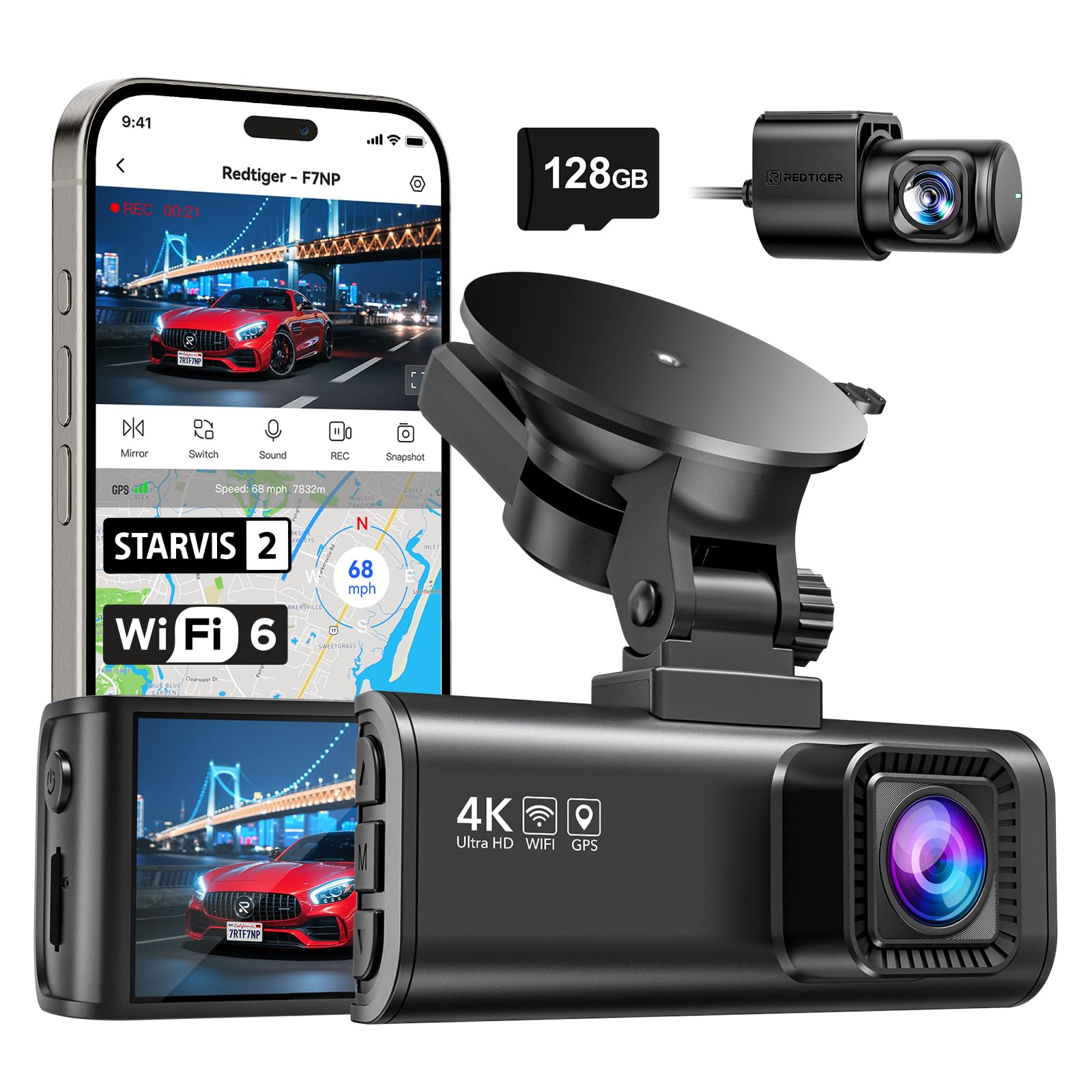 REDTIGER 4K Dash Cam Front and Rear with STARVIS 2, 5.8GHz Wi-Fi Dash Camera for Cars, 128GB Card Included, GPS, 3.18”IPS Screen, Night Vision, 170°Wide Angle, WDR, 24H Parking Mode(F7NP)
