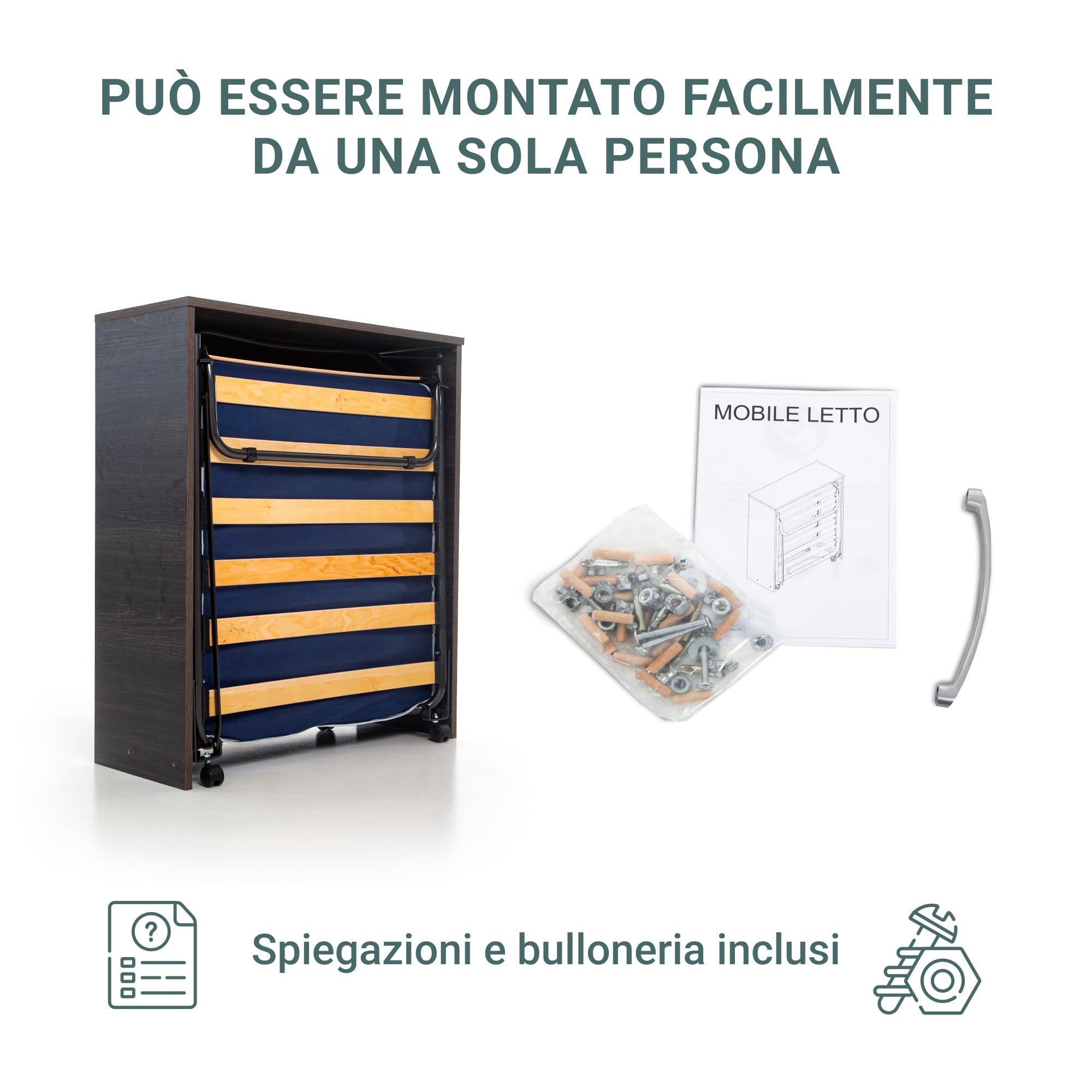 DOLCI SOGNI Mobile Letto A Scomparsa Singolo Wengé 80x190, 100% Made in Italy, Letto a Scomparsa con Mobile dotato di Rete a Doghe in Legno e Materasso, Letto Pieghevole Estraibile