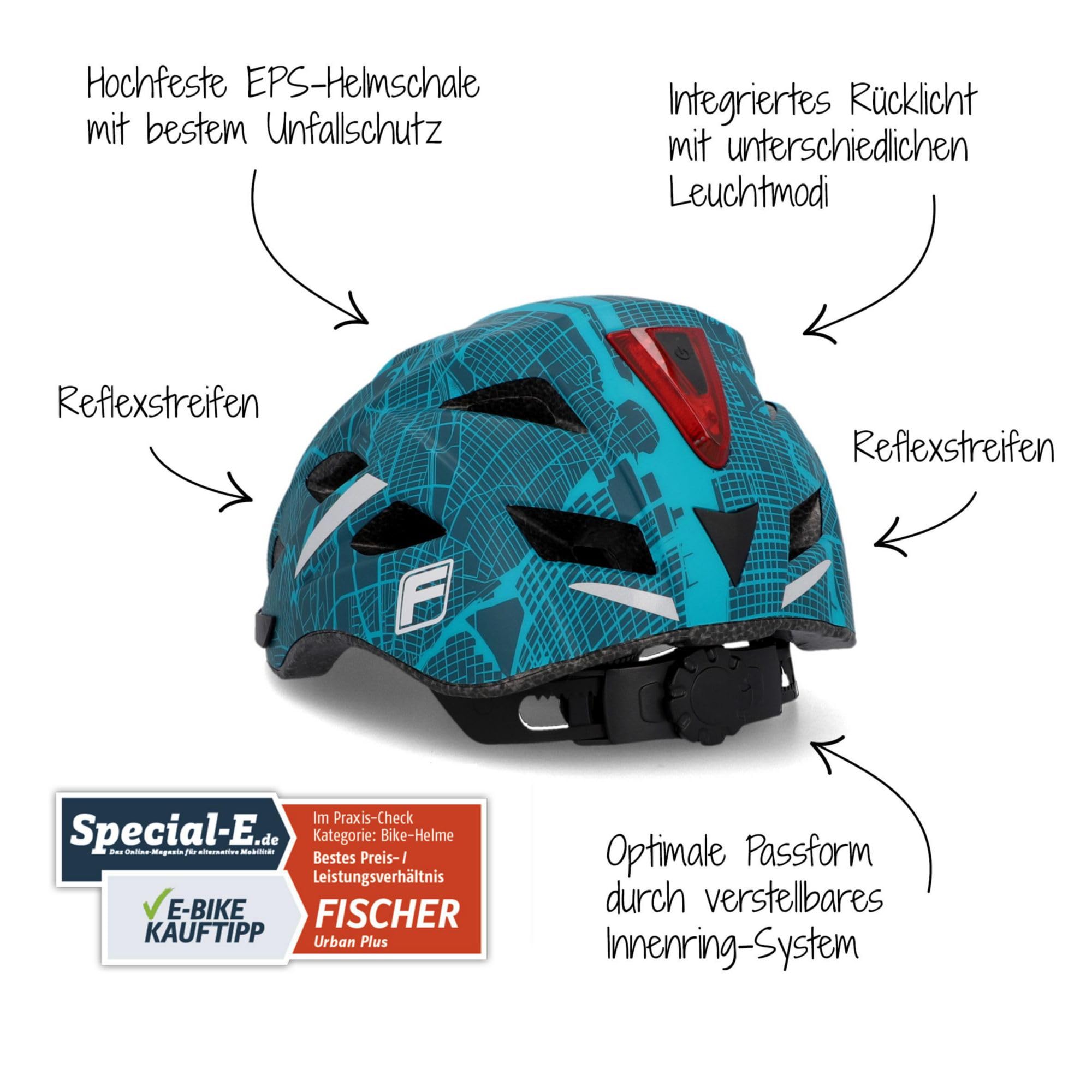 FISCHER Urban Plus NY - Casco de Ciclismo para Adultos (52-59 cm, con luz Trasera LED integrada), Color Azul