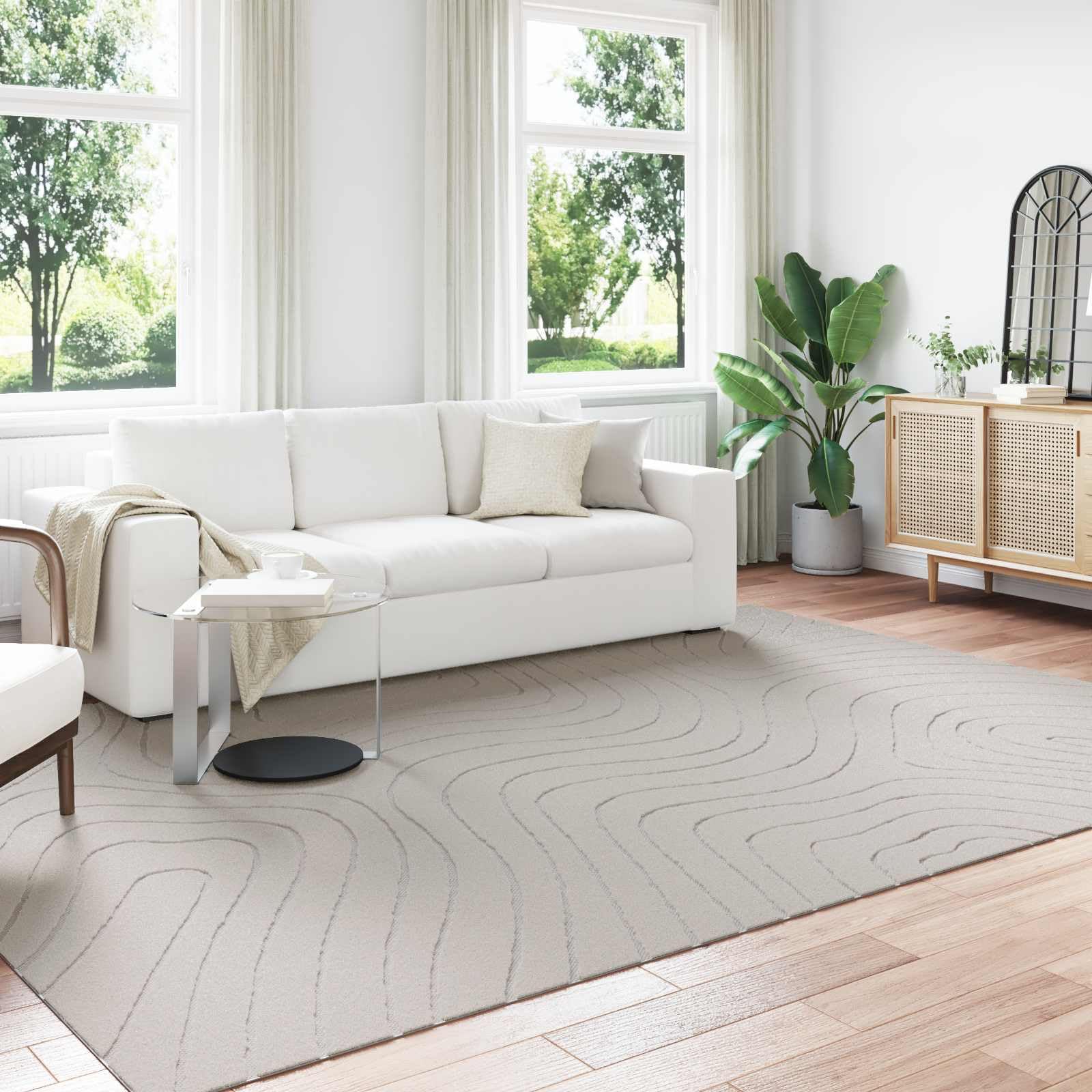 Tapis Palmeras crème 280 x 200 cm en polyester, antidérapant et lavable, facile d'entretien, pour salon, couloir, terrasse, adapté au chauffage au sol, polyvalent et durable