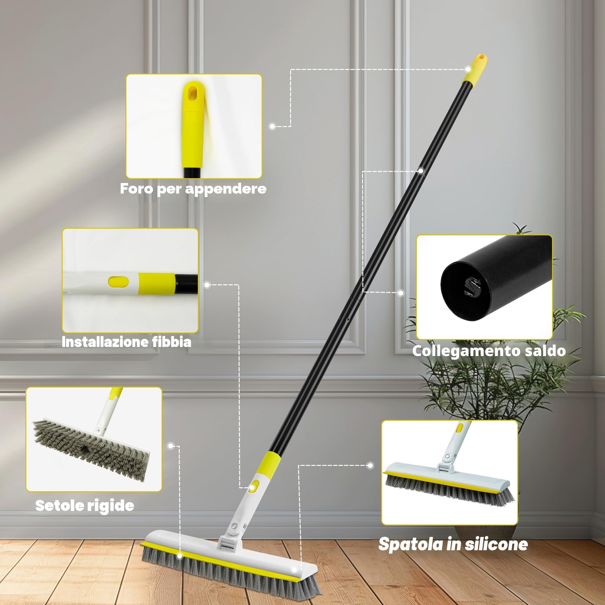 Spazzolone Di Pulizia Con Manico Lungo 127CM Per La Pulizia, 2 In 1 Spazzola Per Pavimenti Con Tergicristallo, 180° Rotante Per Piastrelle, La Cucina E La Parete Del Pavimento