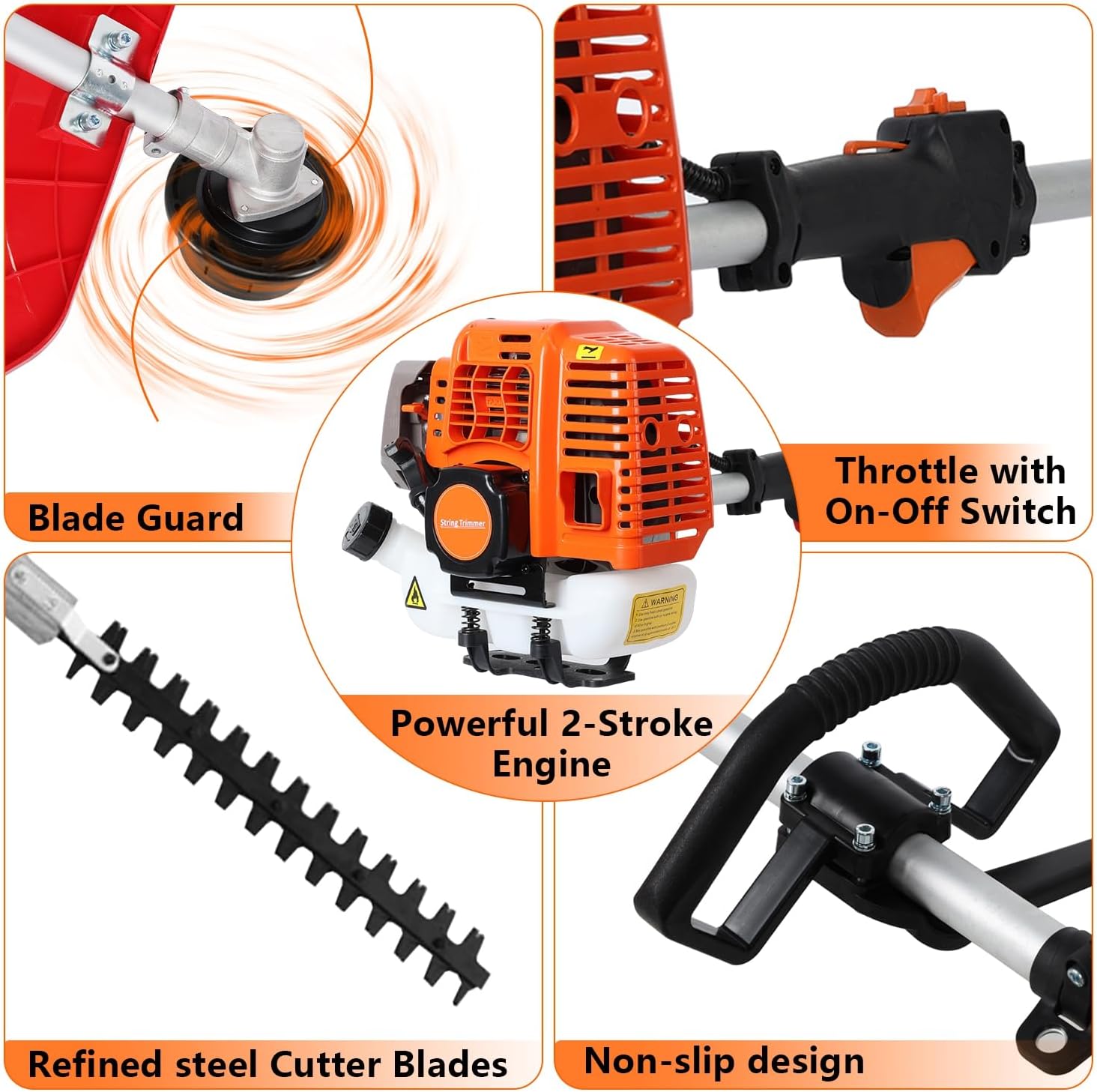 YOXIER 52CC 2-Cycle Weed Wacker Gas Powered, String Trimmer Edger, Pole Saw, Hedge Trimmer and Brush Cutter Blade, 5-in-1 Multi Yard Care Tools, Shoulder Strap Included for Weeds and Bush Orange