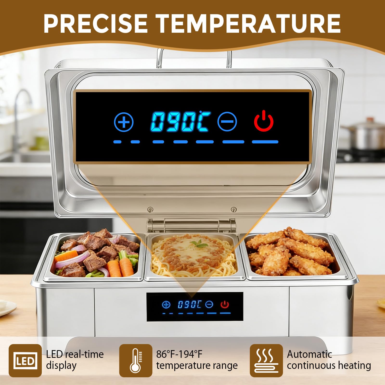 LIROPAU Pasto Chafing Dish, scaldavivande in acciaio inox da 9 l, con coperchio in vetro visibile, 3 contenitori in acciaio inox per feste, matrimoni, buffet e feste (3 set da 1/3 + 1/3 + 1/3 GN)