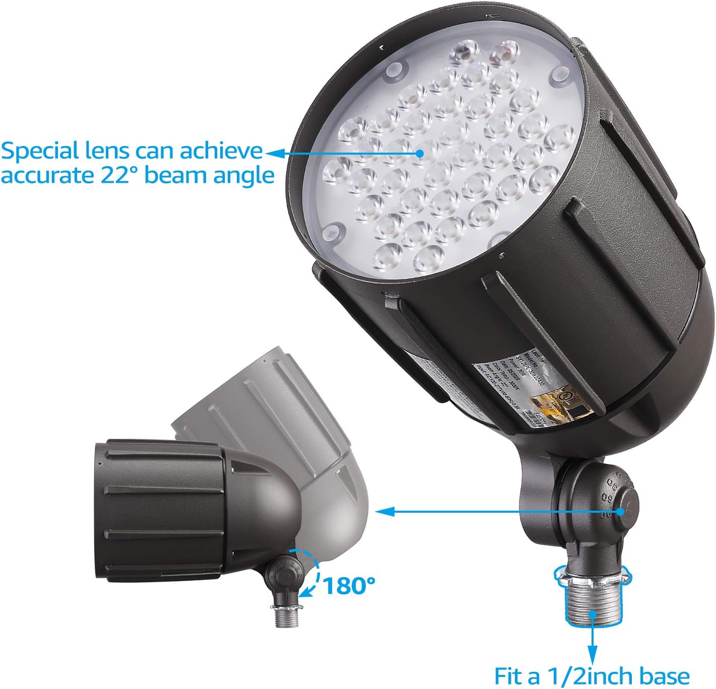 LEONLITE 30W LED Bullet Spotlight with Knuckle Mount, 22°Focused Flag Pole Light, 120-277V Commercial Outdoor Weatherproof Landscape Lighting, 4000LM, 3000K Warm White, UL-Listed