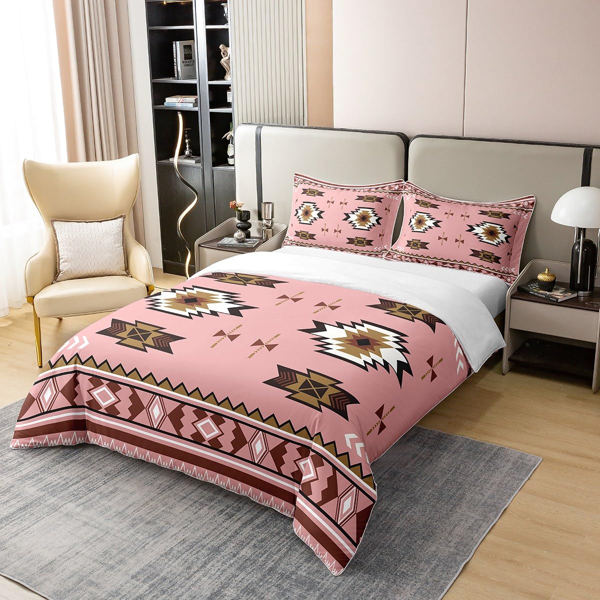 Bohemian Geometric 100 Percent Cotton Duvet Cover,Indian Theme Aztec Bedding Set,Ethnic Tribal Arrow Comforter Cover,Western Country Style Bed Sets with 1 Pillowcase Single Bedroom Decor,Pink - Image 3