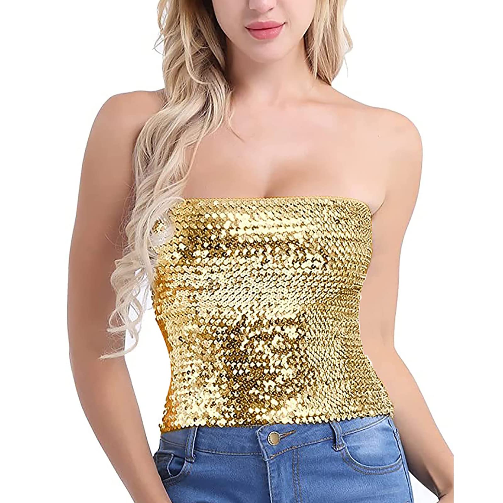 Maxtonser Women Sparkling Sequins Sleeveless Tube Top Stretch Bandeau Strapless Glitter Metallic Crop Top Camisole Party Clubwear