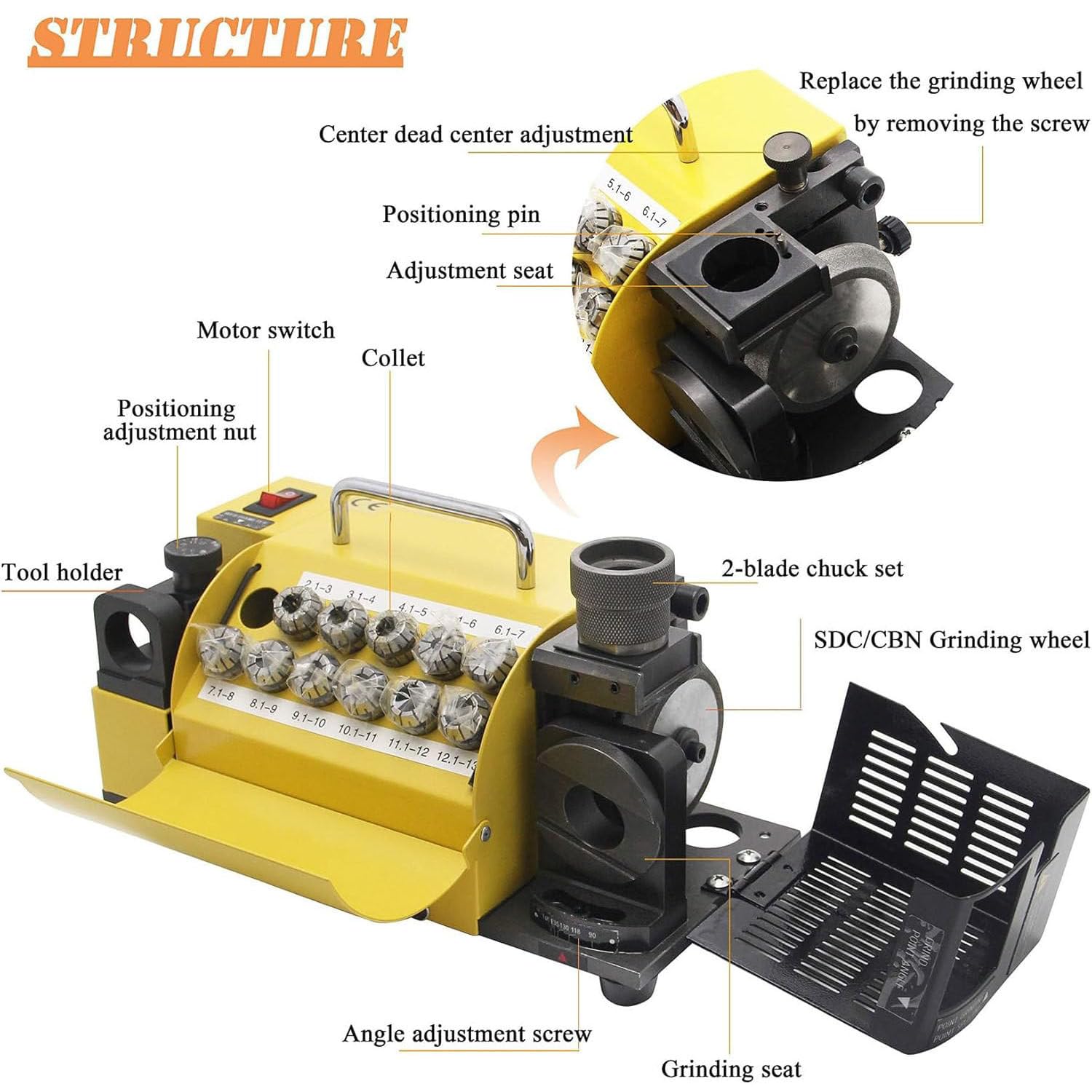 Máquina Afiladora Brocas Profesional,Afilador Brocas Portátil,Reafilador Brocas Ajustable con Ángulo Punta De 95° A 135°,con 11 Pinzas,Velocidad 4400 RPM,CBN(forHss)