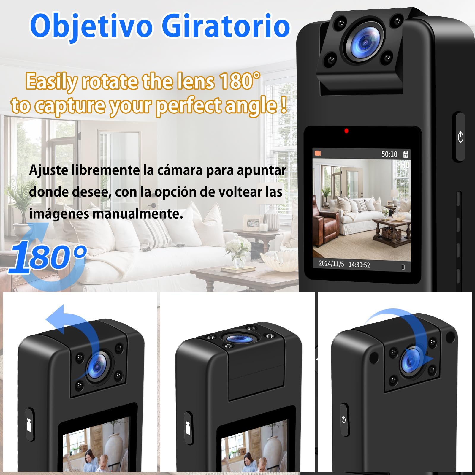 TANGMI Mini Camara, Lente Giratoria de 180° Body CAM Vídeo & Audio HD 1080P, Gran Angular de 120° & Visión Nocturna & Detección de Movimiento Mini Cámara con Montura de Tuerca de 1/4» para Bicicletas
