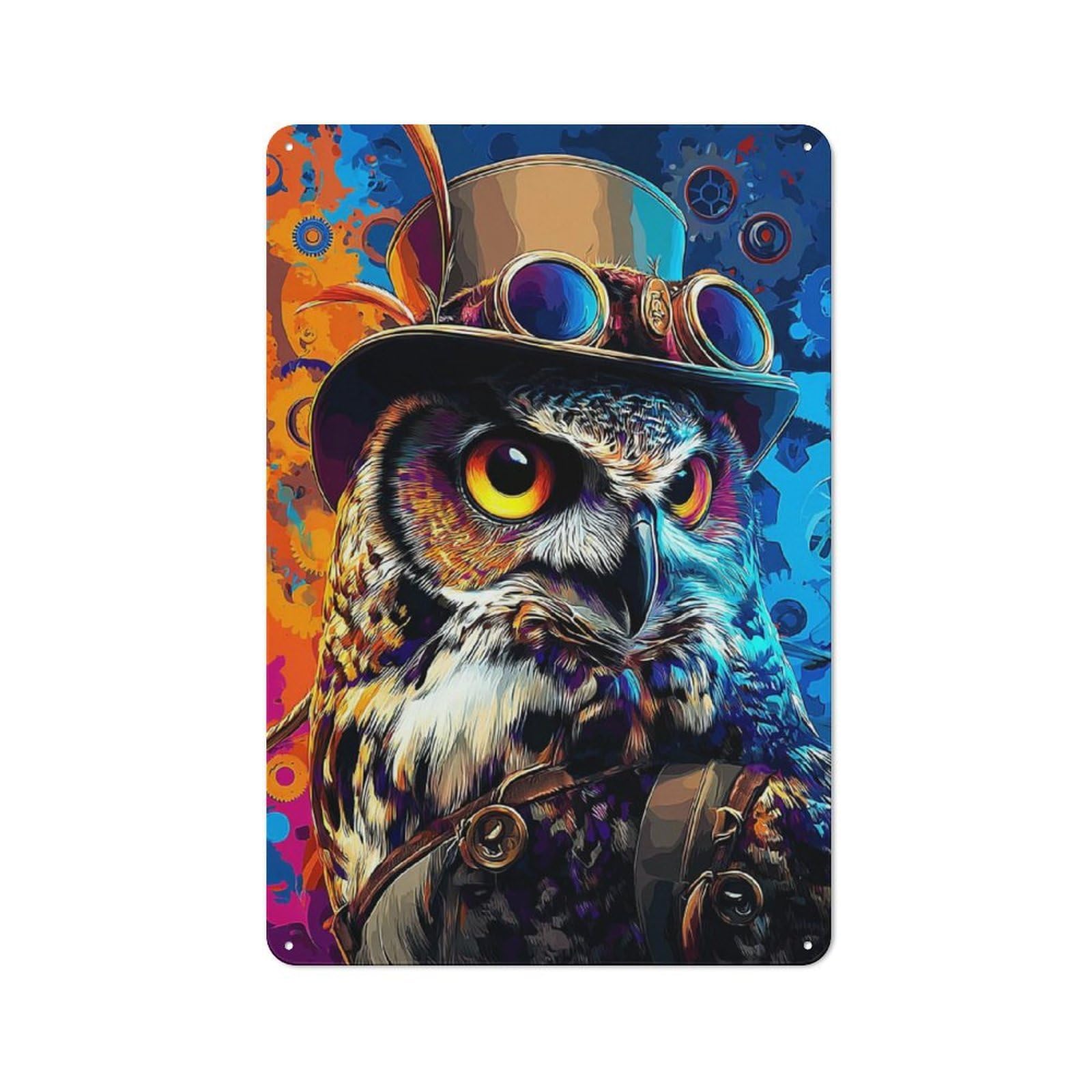 Junmoney Steampunk Owl Art Print-2 Loft Style Metal Wall Decor 30X20cm, Decorative Metal Plaque For Loft, Studio, Office Or Creative Room