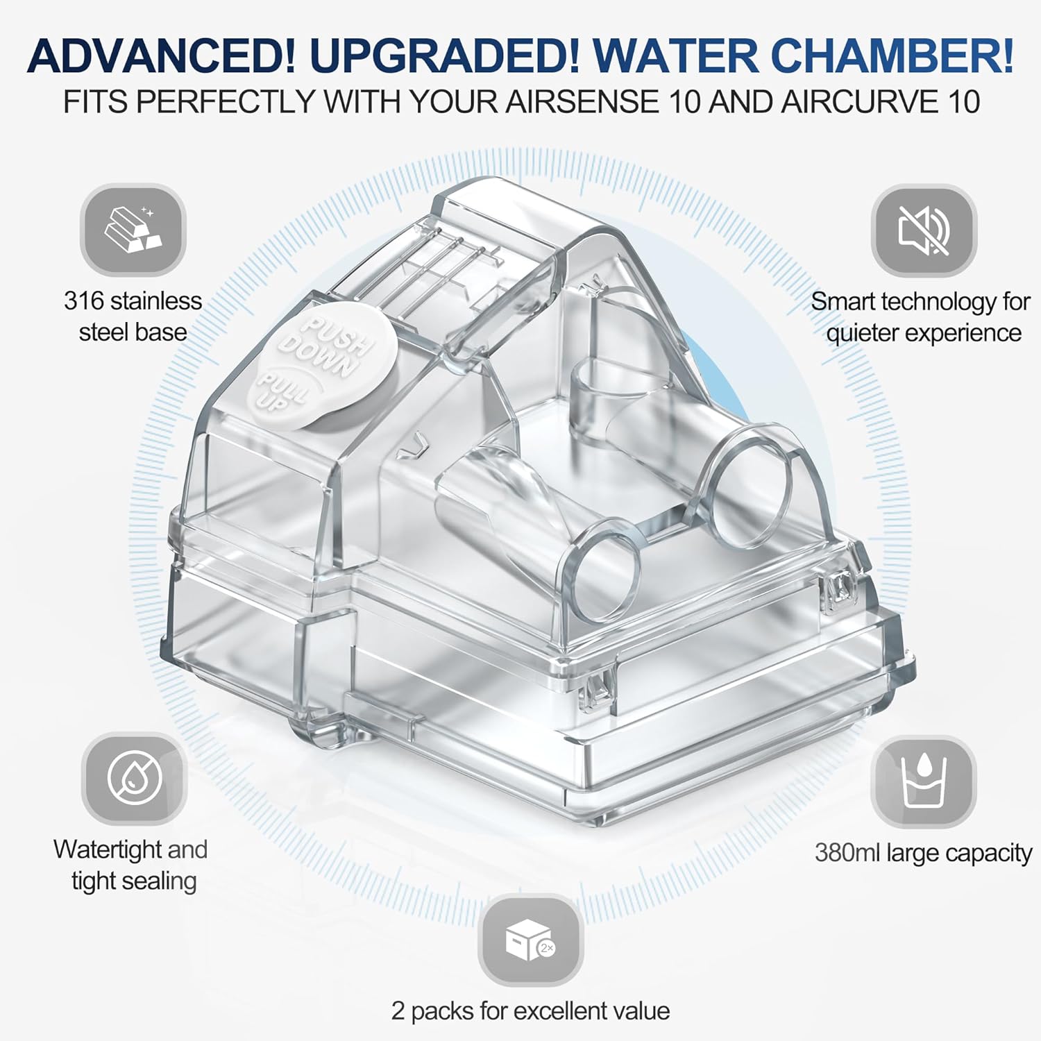 2 Packs Replacement Cleanable Water Chamber 37299 for AirSense 10 & AirCurve 10, FSA/HSA Eligible, Perfect Fit & Reliable Seal Water Tub for Durable Use, Great-Value Replacement Supplies by Everness