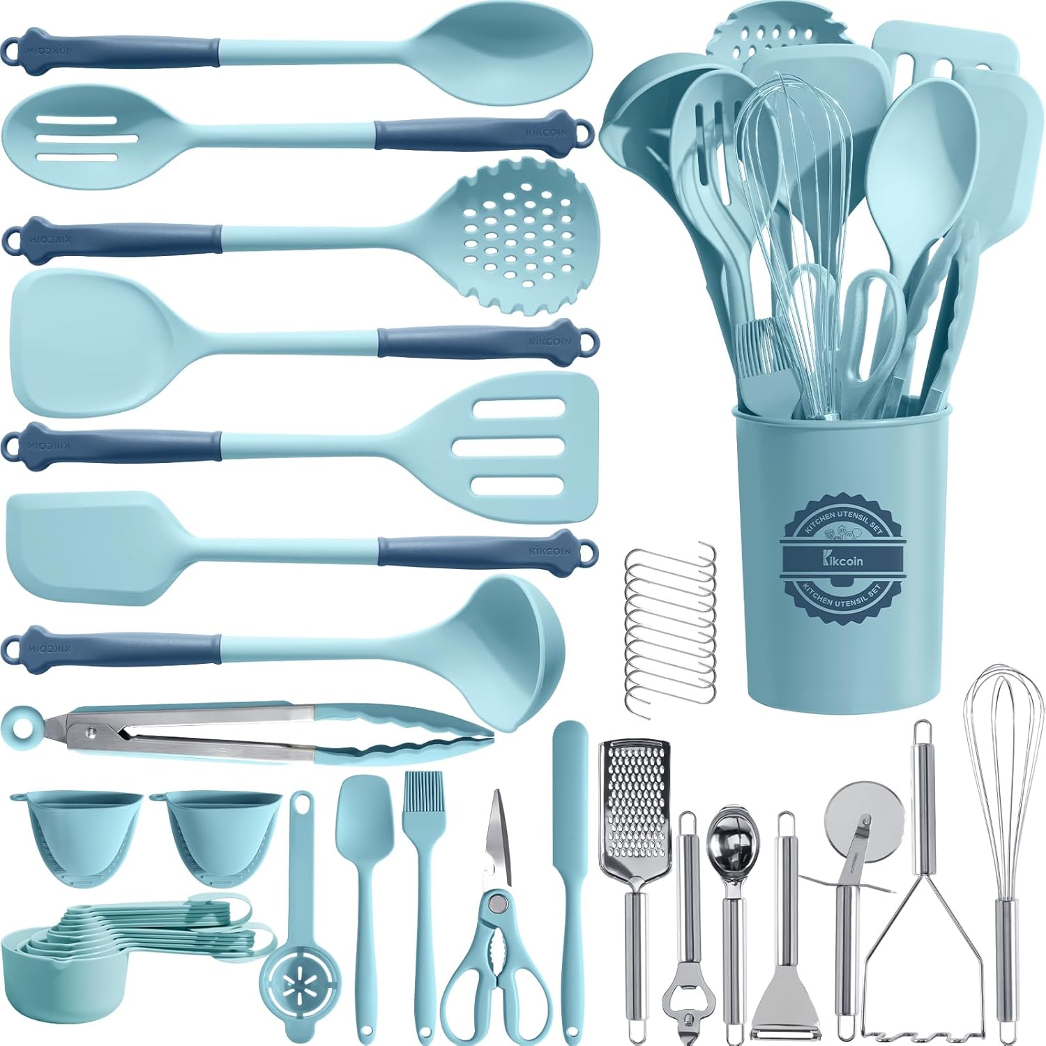 Kikcoin 43Pcs Large Kitchen Utensils Set – Silicone Cooking Utensils Set, Dishwasher Safe Spatula Set for Non-stick Cookware, 446°F Heat Resistant Kitchen Utensils Set with Holder BPA Free, Blue Kikcoin 43Pcs Large Kitchen Utensils Set – Silicone Cooking Utensils Set, Dishwasher Safe Spatula Set for Non-stick Cookware, 446°F Heat Resistant Kitchen Utensils Set with Holder BPA Free, Blue