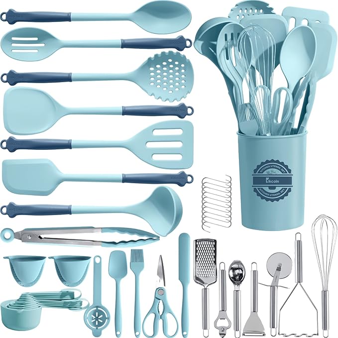 Kikcoin 43Pcs Large Kitchen Utensils Set - Silicone Cooking Utensils Set, Dishwasher Safe Spatula Set for Non-stick Cookware, 446°F Heat Resistant Kitchen Utensils Set with Holder BPA Free, Blue