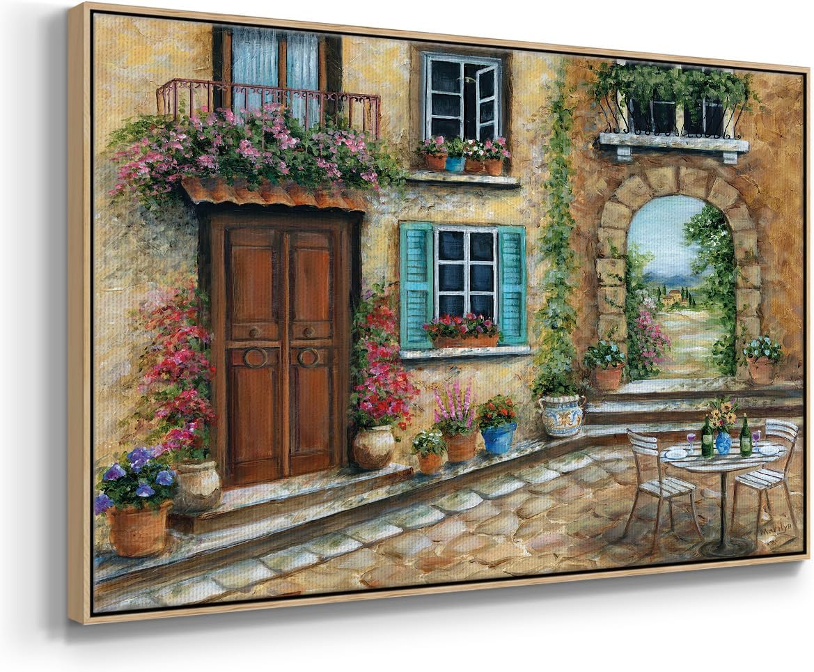 Renditions Gallery Canvas Wall Decor Floater Framed Paintings & Prints Romantic Tuscan Courtyard Wall Hanging Artwork for Living Room Office Hotel - 25"X37" Natural Frame - GAL002