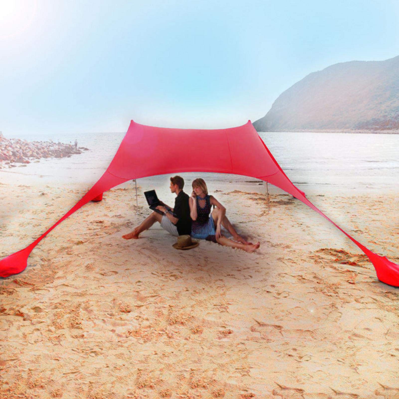 Tenda Da Spiaggia Parasole Leggera Con Sacchetti Sabbia - Grande 210x210 Cm, UPF 50+, 4 Picchetti, Per Famiglia E Attività All'aperto