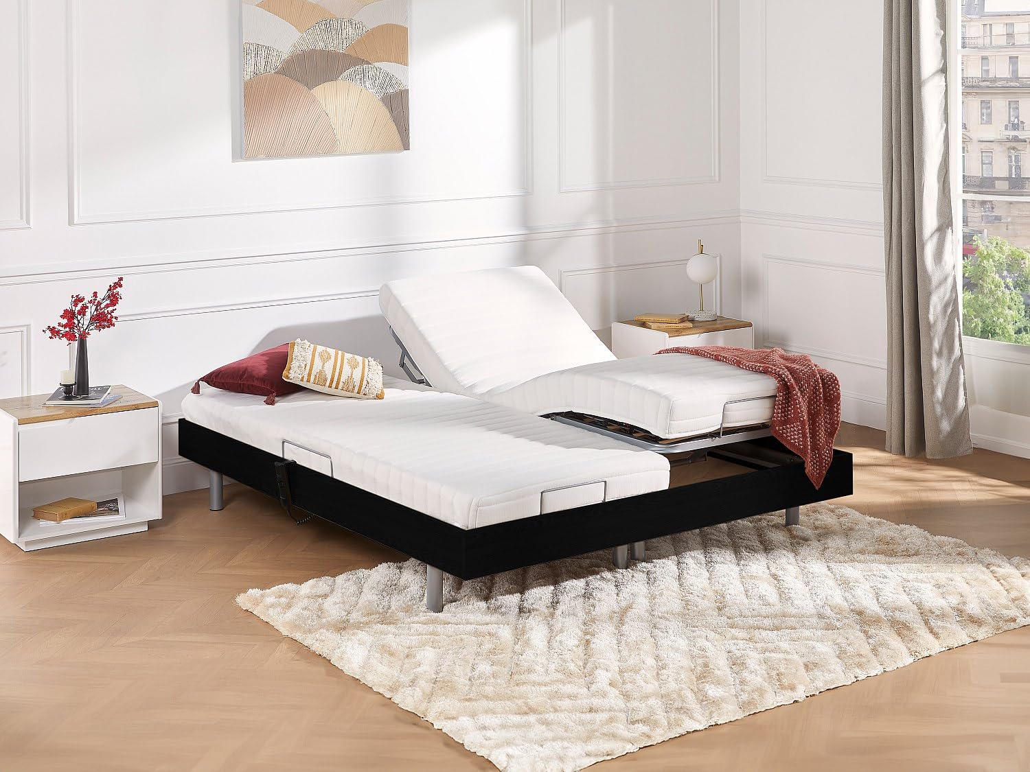 Vente-unique - Lit électrique de Relaxation Tout plots + Matelas Latex - 2 x 90 x 200 cm - Noir - CASSIOPEE III de YSMÉE