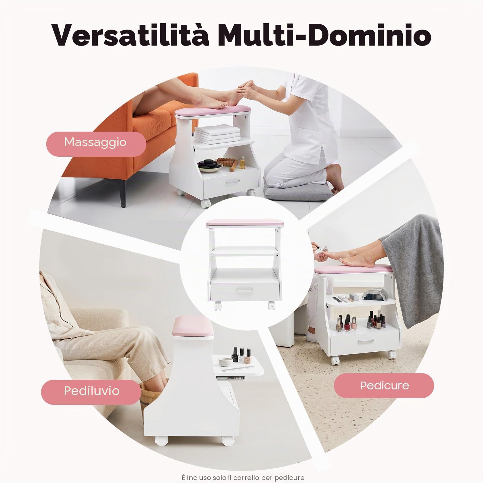 Carrello per manicure a 3 livelli per pediluvi con cassetti e 4 ruote universali, carrello per manicure con capacità di carico di 50 kg, per massaggi pedicure, 52 x 41 x 55 cm, colore