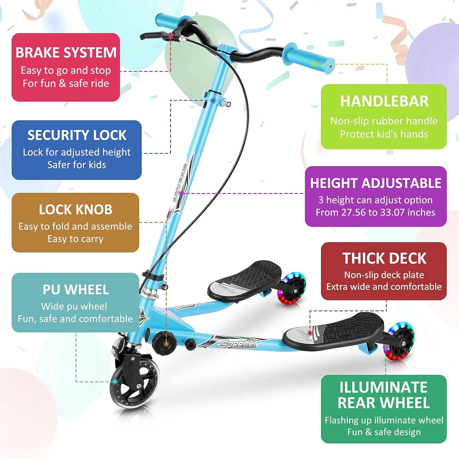 Best Deal Cheap 🛒 WOOKRAYS Swing Wiggle Scooter for Kids, Adjustable 3 Wheels Foldable Push Drifting Scooter with 2 Rear LED Wheels Kick Speeder for Kid Ages 3 Years Old and Up