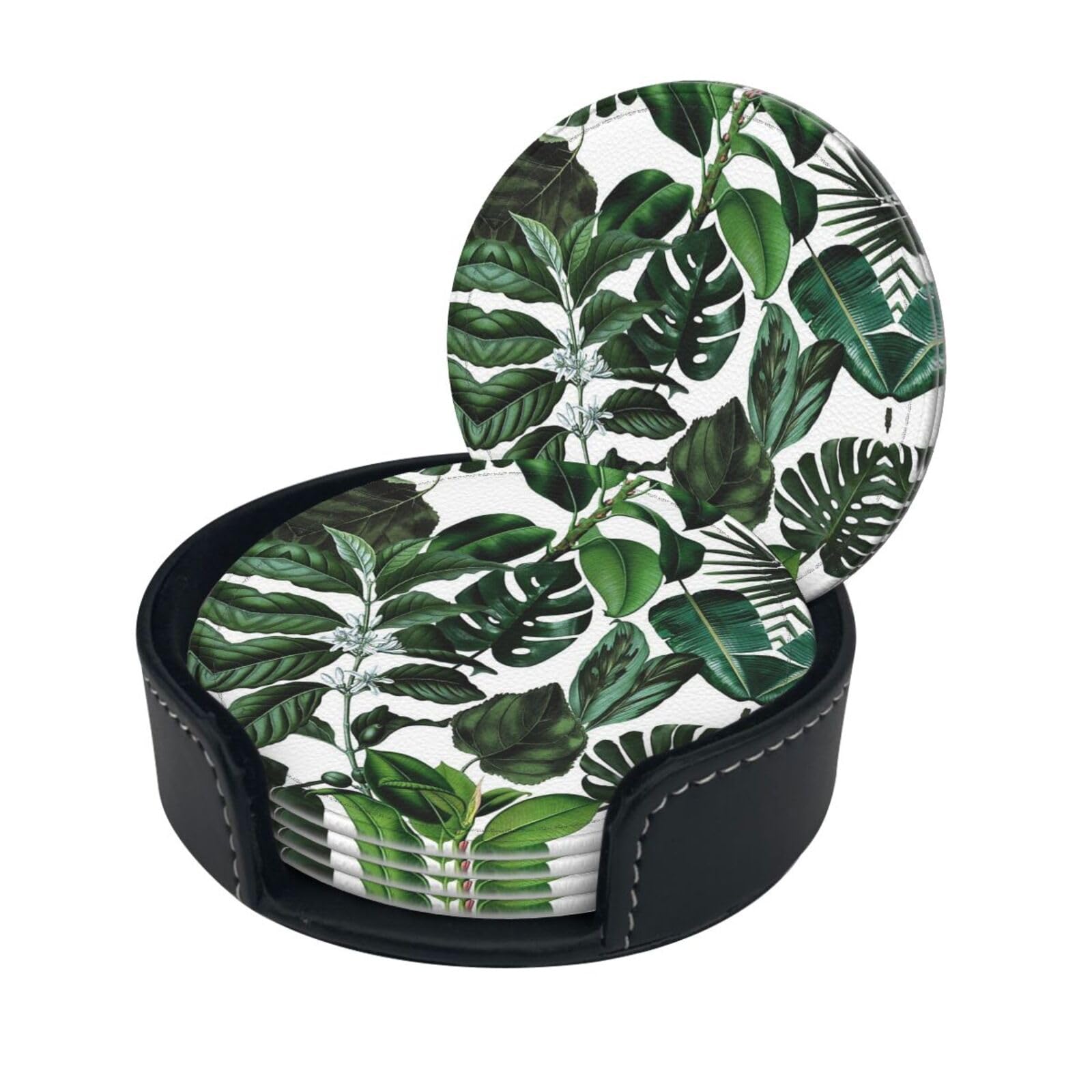 Tropical Leaves Print Round Leather Coasters - Set Of 6, Ultra-Fiber Pu Leather