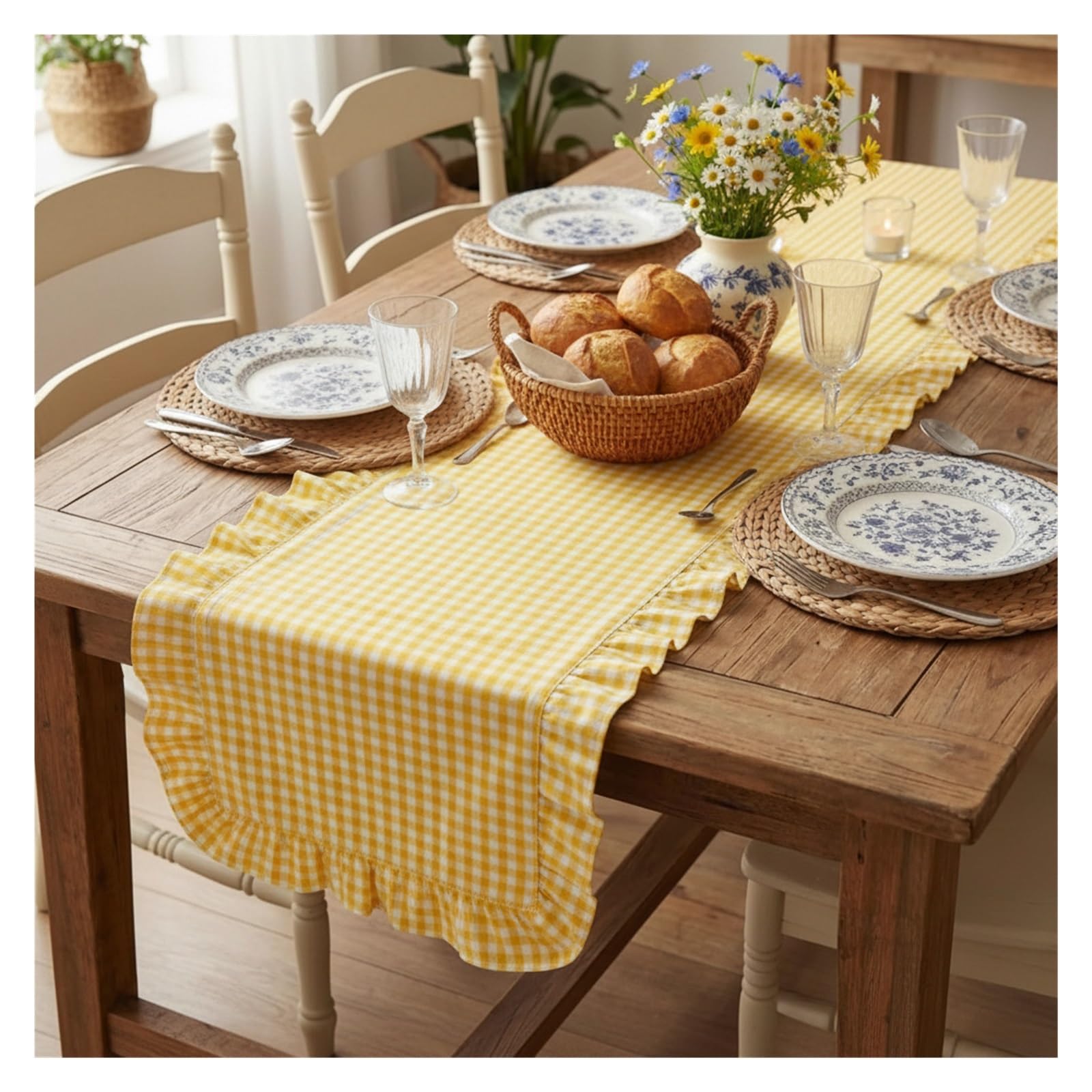 Ruffle Table Runner Ruffled Edge Gingham Plaid Table Runner Farmhouse Checkered Flag for Dining Kitchen Wedding Home(Yellow,40x140cm)