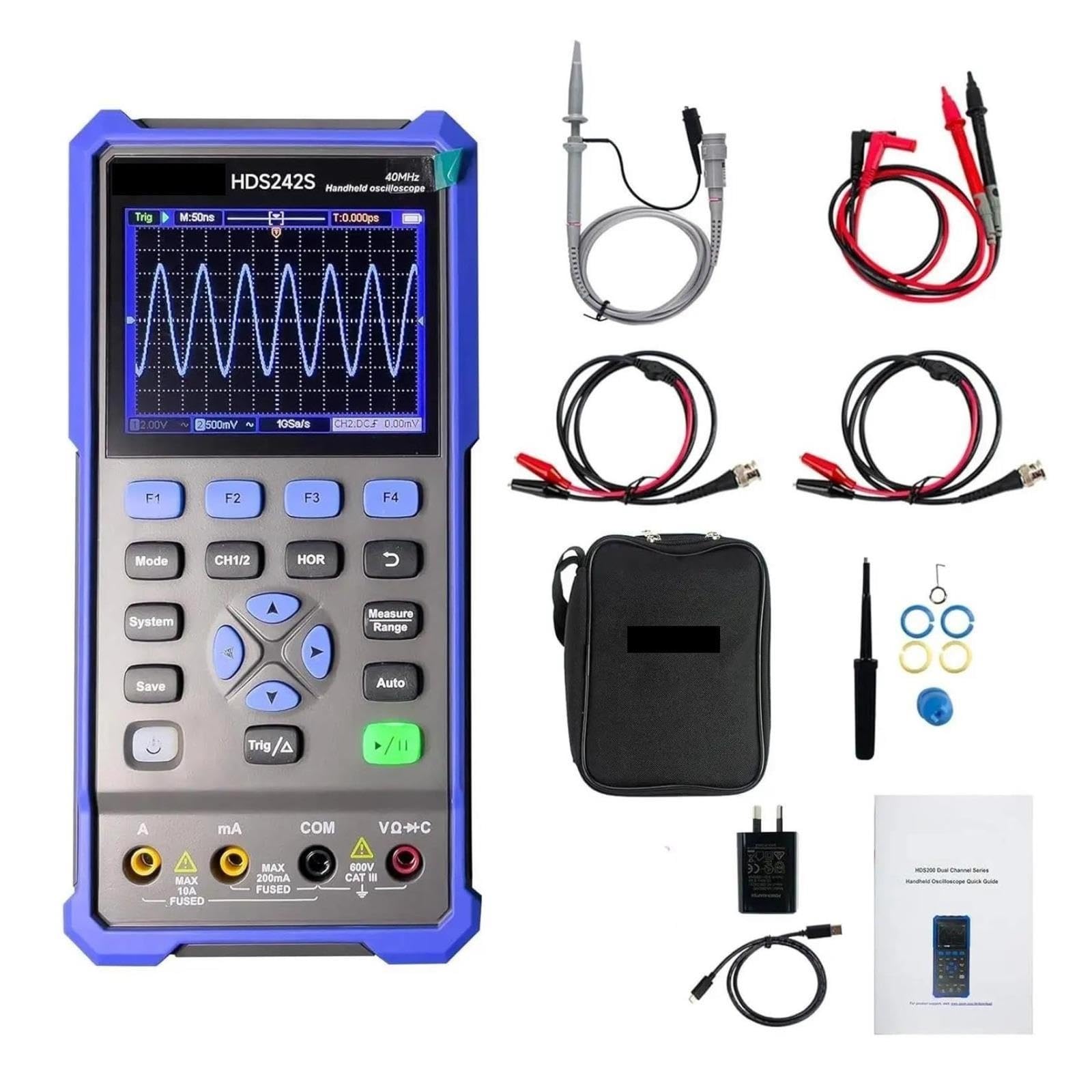 Osciloscopio digital, Osciloscopio portátil 3 en 1, multímetro generador de señal 40MHz, 2 canales, 250MSa/s, LCD a color,8