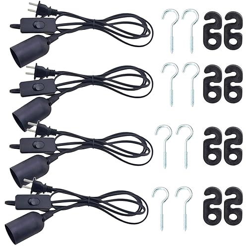 REXTiN Paquete de 4 cables de extensión de enchufe de luz LED E26E27 de 5.9 pies con interruptor de encendidoapagado y enchufe de alimentación de CA