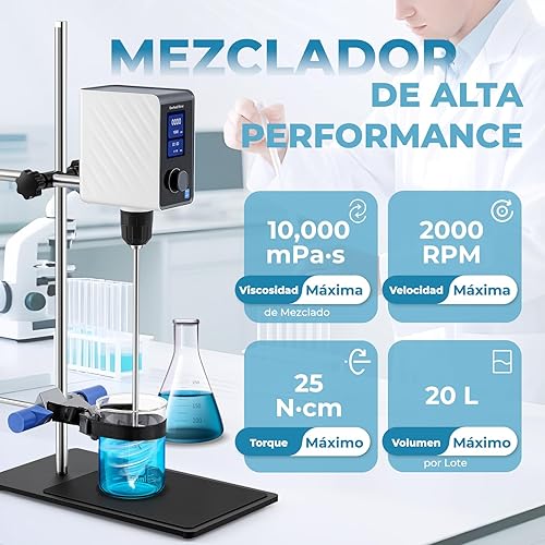 Miniatura 3 de Agitador eléctrico de 20L Max Lab Mixer con construcción duradera, 100-2000 RPM, mezclador digital LCD de laboratorio, 10,000 mPas, tiempo y
