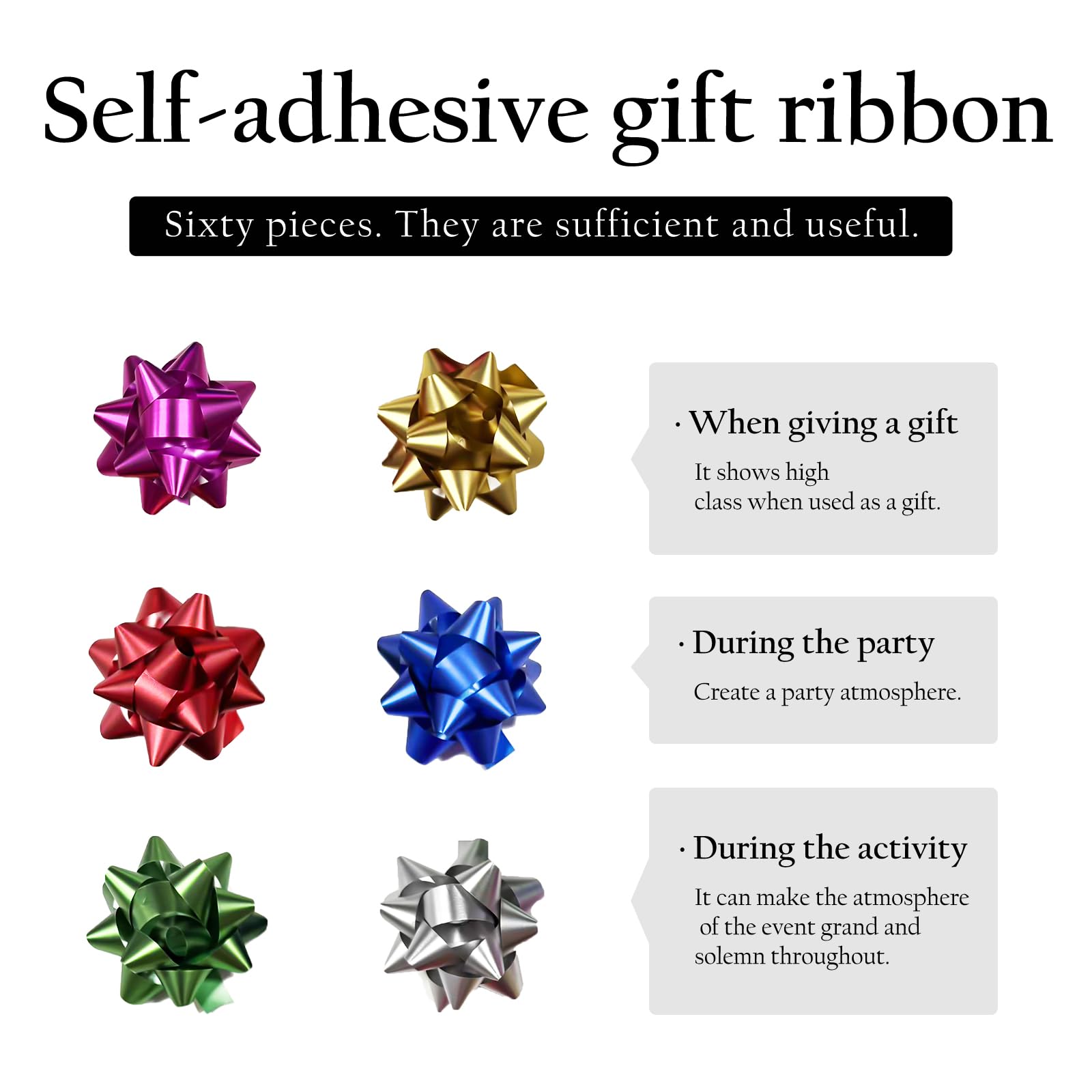 CIYIN autoadhesivos Lazos para Paquetes de Regalo 60 Unidades Mate 3 Pulgadas 6 Colores