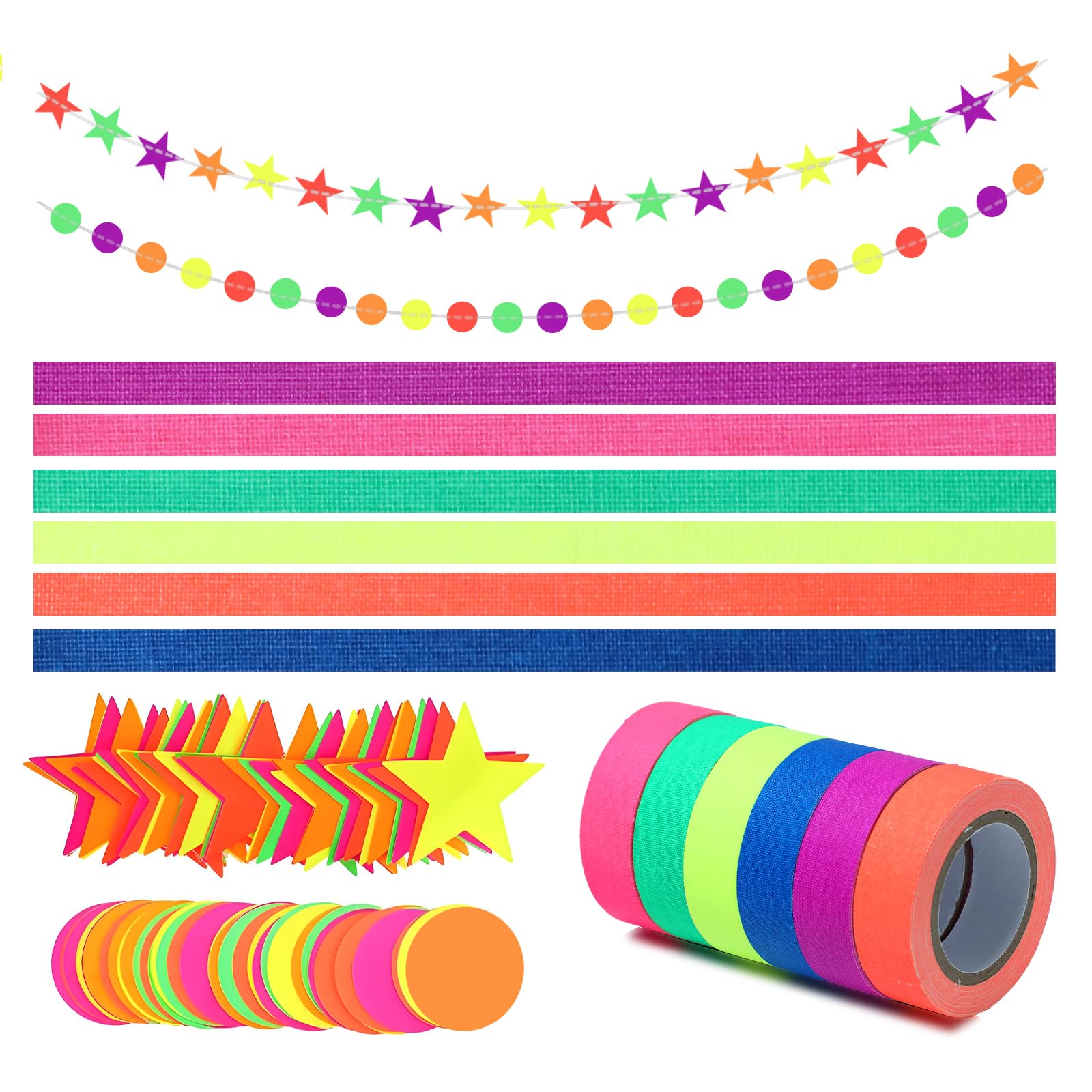Glow Party Supplies Set, Neon Party Decorations with 6 Roll 16.4FT Fluorescent Blacklight Reactive Tape, 2 Pcs 13FT Round Dot Star Kit Neon Paper Glow in The Dark Party Streamers Banner