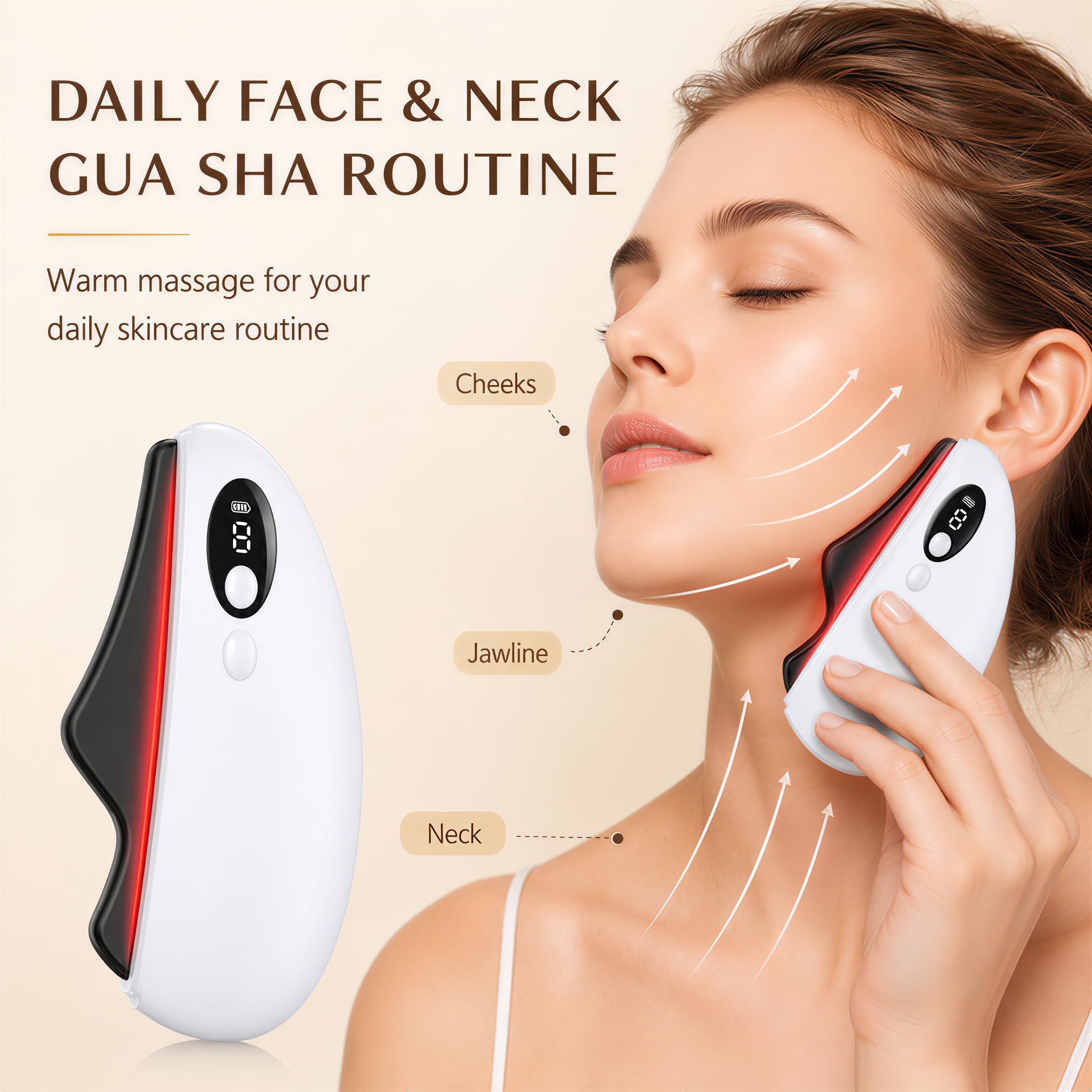 Masajeador facial eléctrico Gua Sha, herramienta de masaje facial y cuello con luz roja suave, borde de piedra Bian, 9 niveles de calor, 3 modos de vibración, pantalla LCD, herramienta recargable Gua
