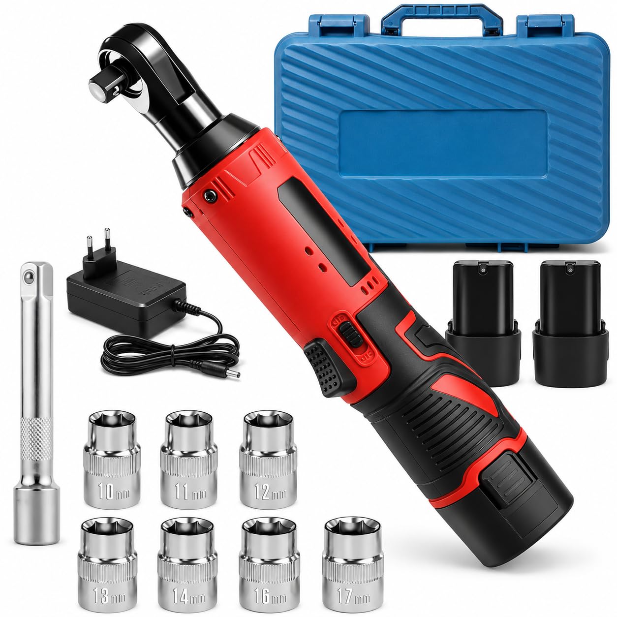 VOBOR 12V 3/8" Llave de Carraca Eléctrica 35N.m, con 2x4.5Ah Baterías y Carga Rápida, 320RPM Velocidad Variable, Llave de Trinquete Inalámbrica con 7 Enchufes