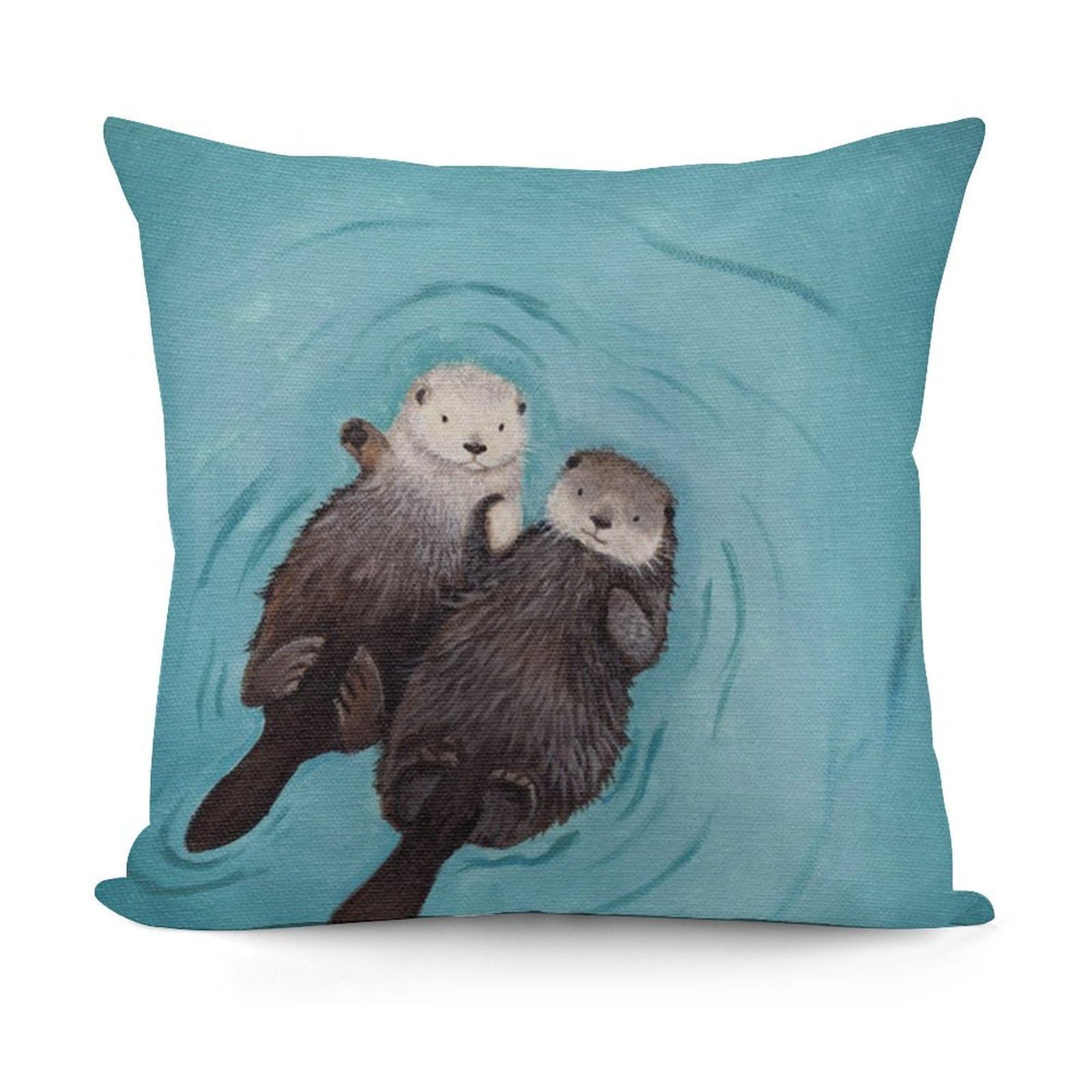 FekiLoot Otters Holding Hands Plush Cushion Covers, Double-Sided Throw Pillow Covers with Invisible Zipper, Comfortable Soft Square Cushion Cases for Sofa Bedroom Living Room 18x18 Inch (45x45cm)