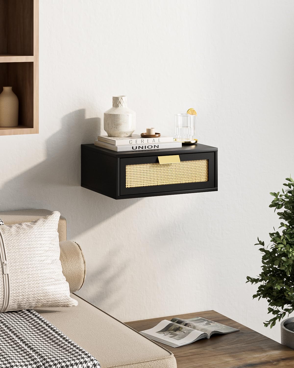 Floating Nightstand, Floating Shelf with Drawer, Wall Mounted Nightstand, Floating Bedside Table (Black Rattan)