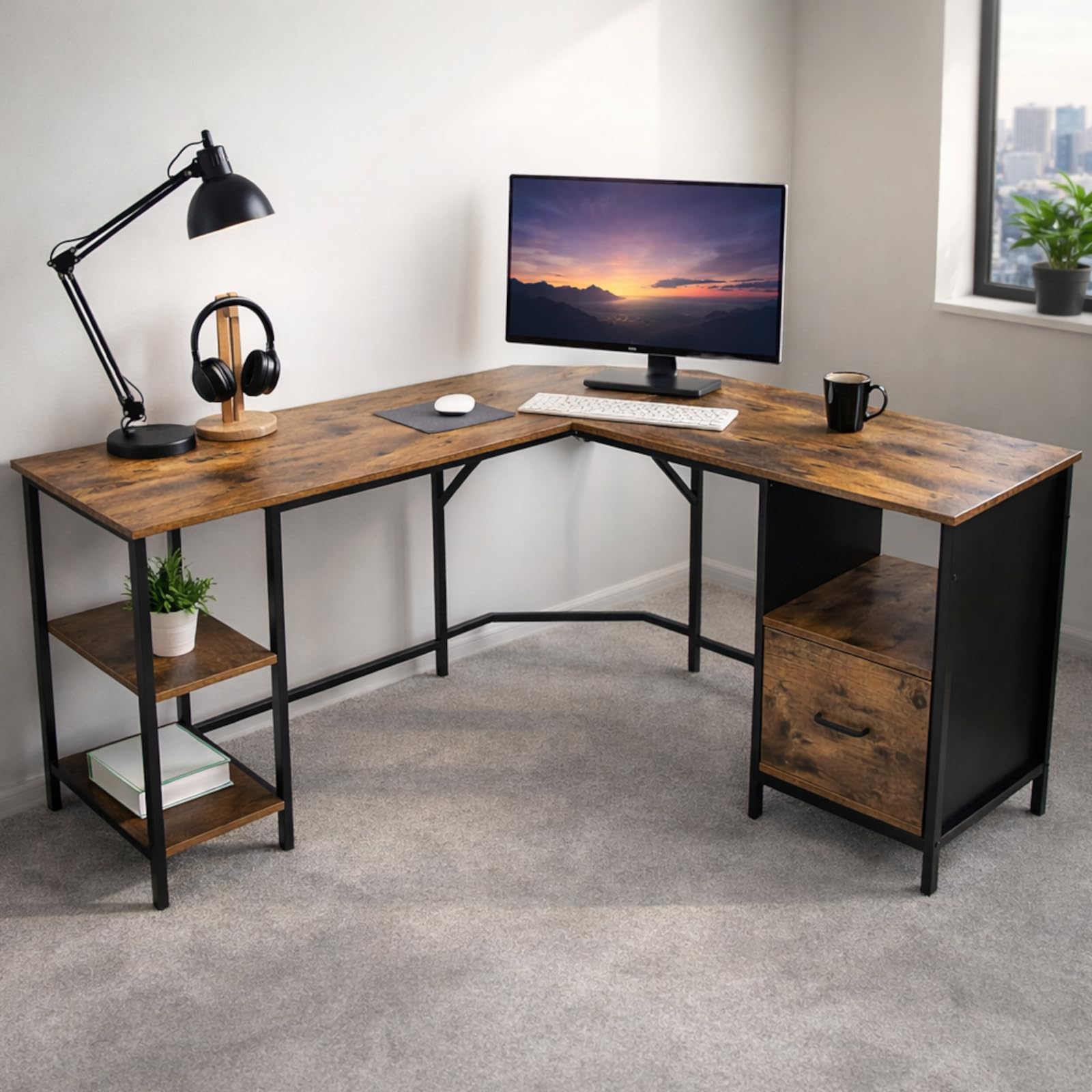Eckschreibtisch 149 x 149 x 74,5 cm, Computertisch in L-Form, Schreibtisch mit Schublade und 2 Ablagen, MDF in rustikalem Braun, schwarzes Metallgestell, Loft-Stil