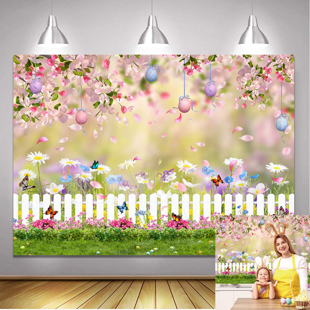 Happy Spring Easter Backdrop 8x6FT Happy Easter Decoration Banner Spring Garedn Courtyard Lawn Floral Photo Booth Backdrop Kids Birthday Baby Shower Decoration Studio Photography Background
