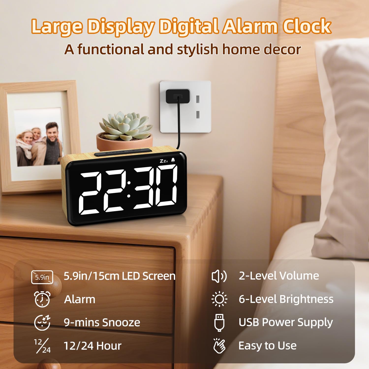 NOKLEAD Réveil numérique pour Chambre à Coucher : Grand écran LED de 15 cm, Fonction Snooze de 9 Minutes, 2 Niveaux de Volume, 5 Niveaux de luminosité, 12/24 Heures (Light Wood Grain)