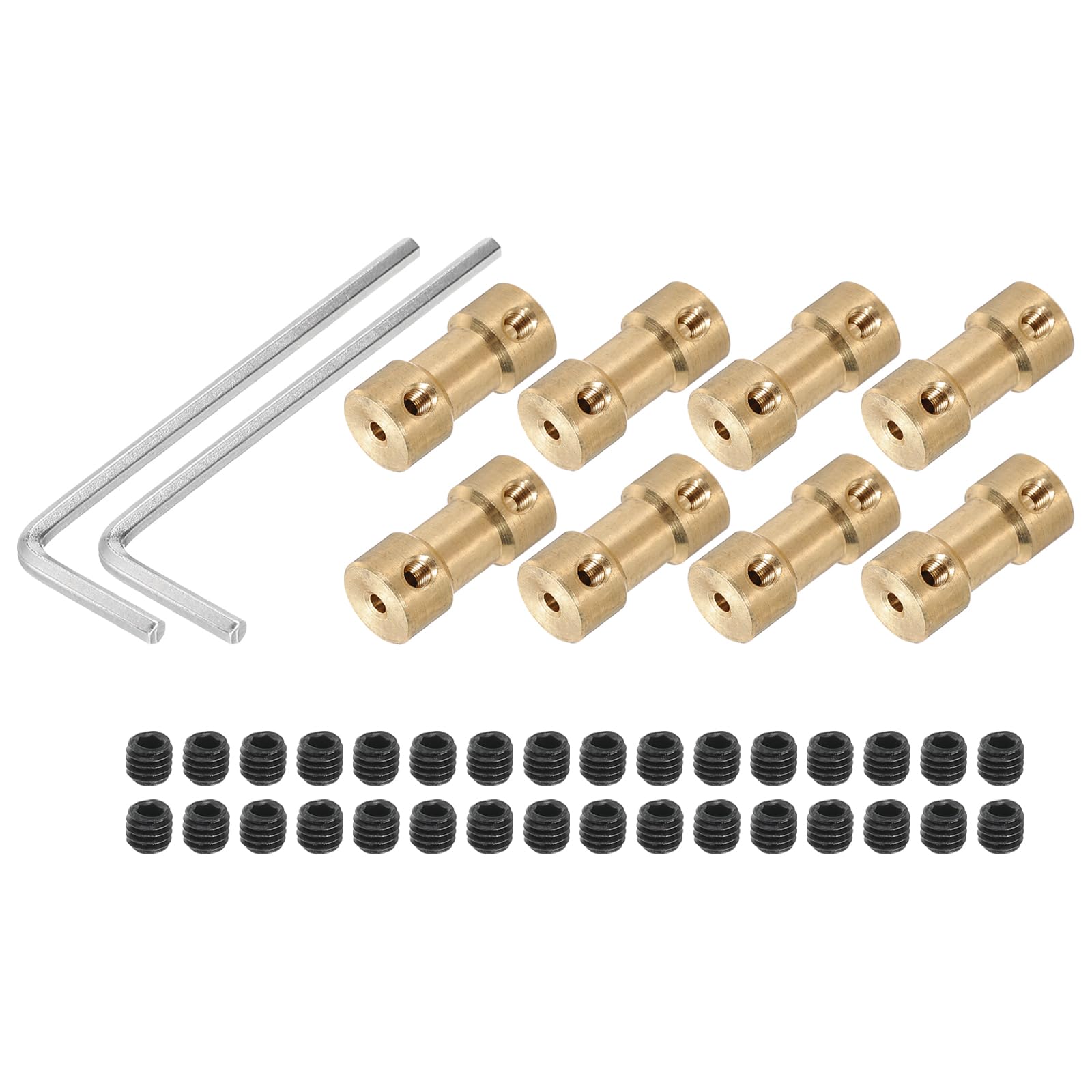 sourcing map 2mm to 2.3mm Bore Rigid Coupling 20mm Length 9mm Dia M3 Brass Shaft Coupler Connector for 3D Printers DIY Car Boat Copper Tone, with 8pcs Coupling, 32pcs Screws, 2pcs Wrench