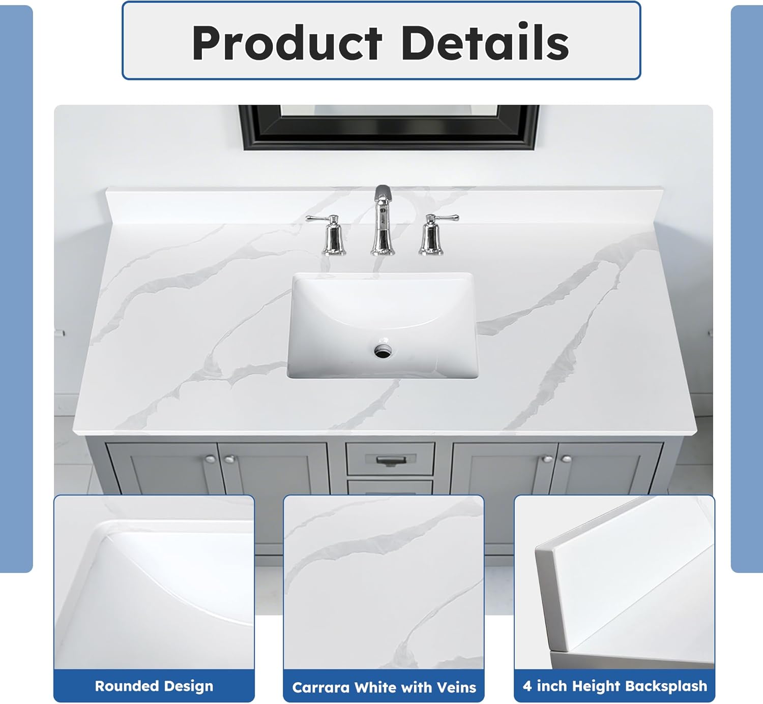 49" Bathroom Vanity Top with Ceramic Undermount Sink & Backsplash,Carrara White Quartz Counter Top Vanity Sink Top, 3 Pre-Drilled Holes