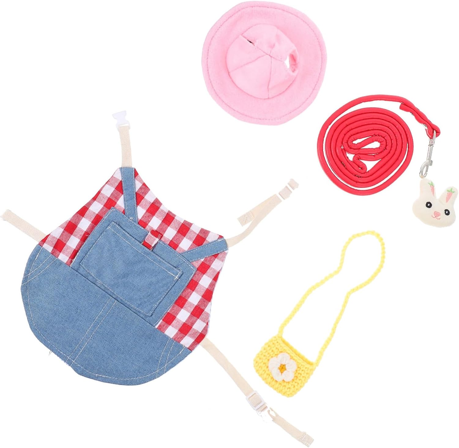 Happyyami Rabbit Costume Set with Denim Harness and Leash for Pets Adorable Bunny Outfit for Outdoor Activities for Photoshoots and Special Occasions Stylish and Comfortable Design Checkered