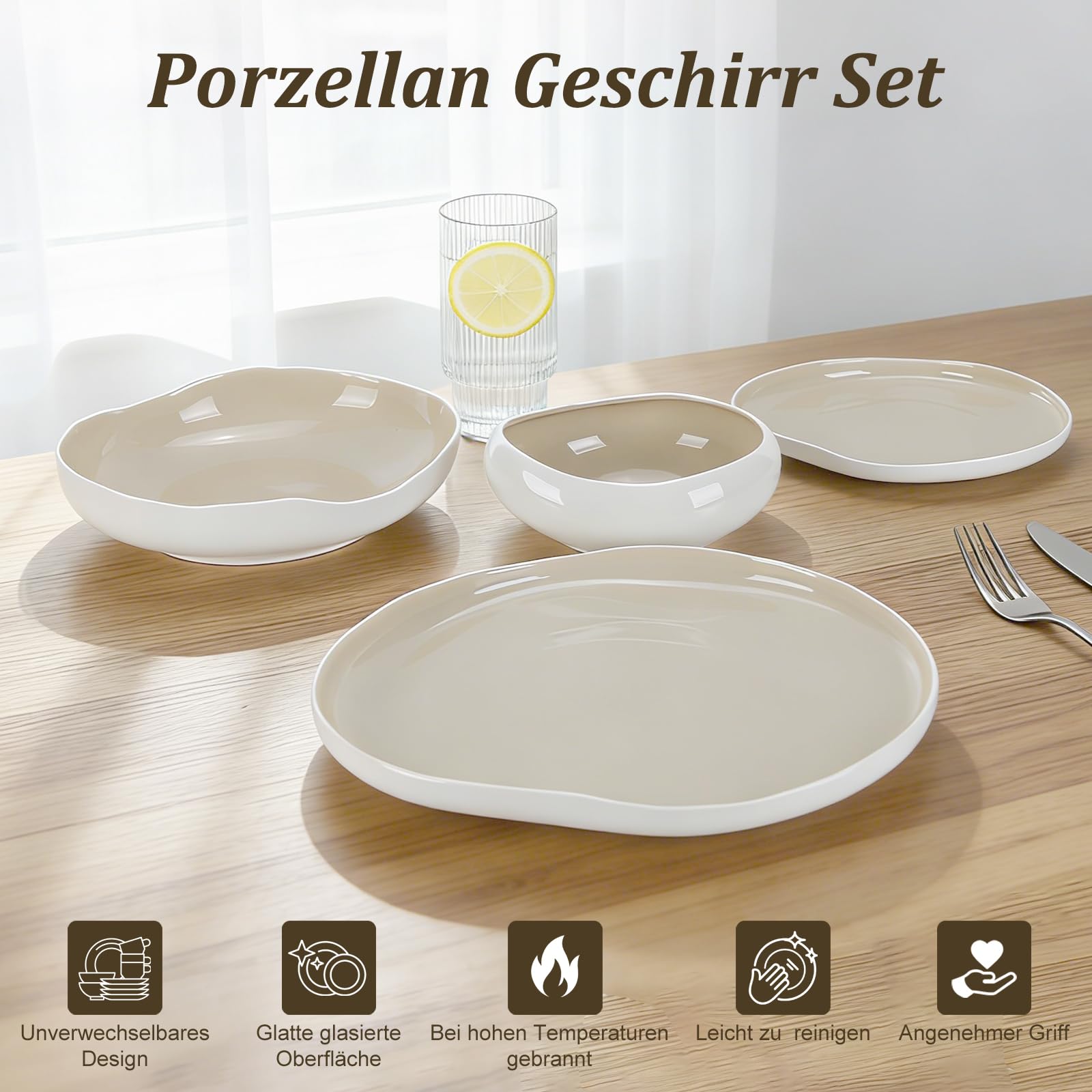 Geschirrset, Tellerset 6 Personen, 24-Teilig Tafelservice, Porzellan Geschirr Set Je Speiseteller, Dessertteller, Müslischalen, Salatschüssel, Geschirr Hellbeige | Dinner set, Tafelservice, Je 6 Speiseteller, Dessertteller, Müslischalen, Salatschüssel, Te