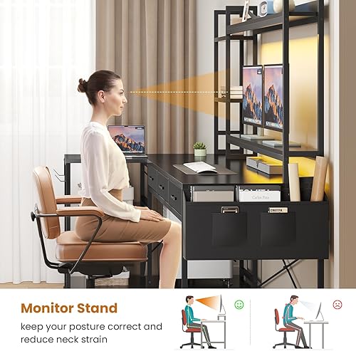 Miniatura 6 de SEDETA Escritorio para juegos en forma de L de 55 pulgadas, escritorio para juegos con gabinete y cajones, escritorio esquinero para computadora con