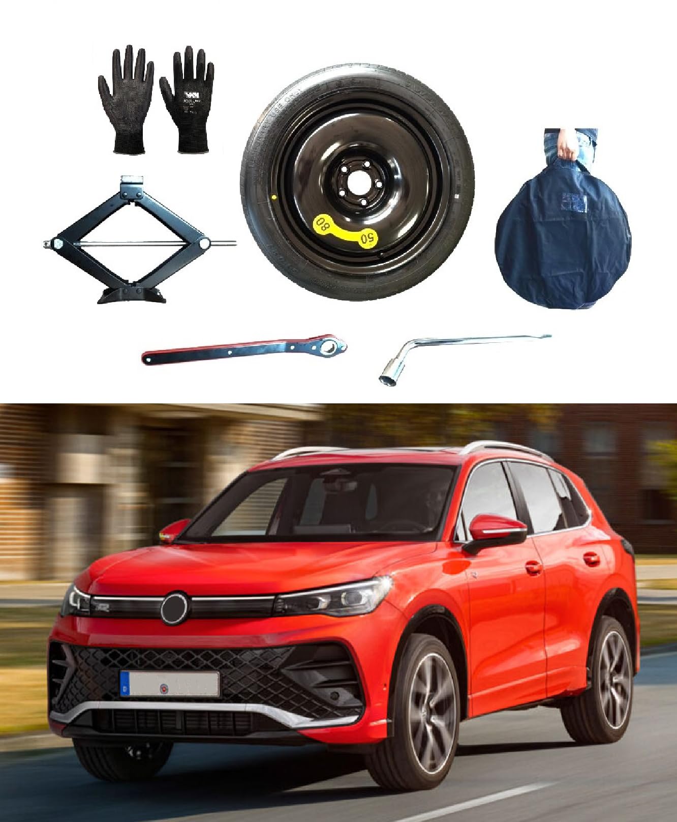 Notrad 17" kompatibel mit Volkswagen Tiguan (ab 2016) Wagenheber Schlüssel Handschuhe Tasche