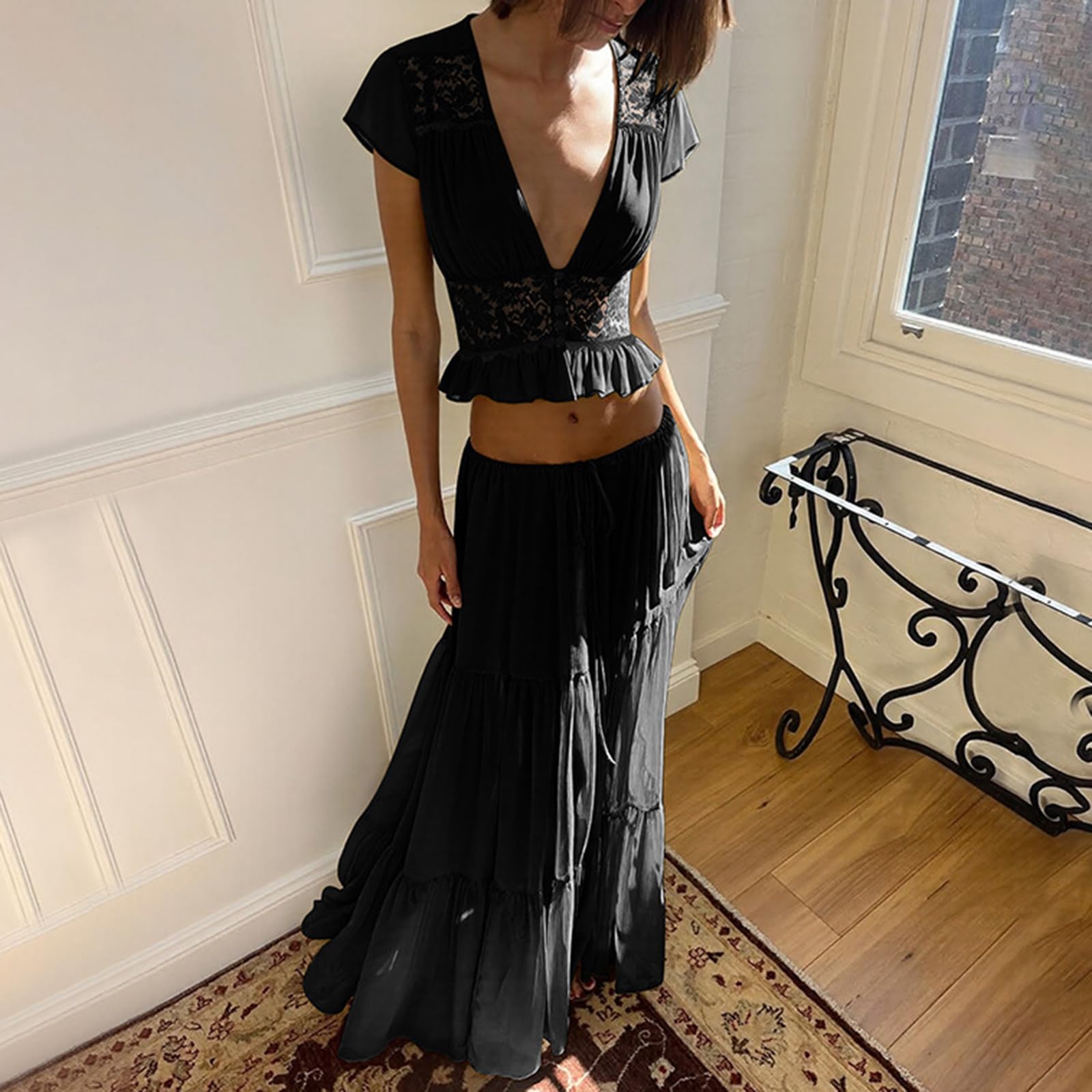 Ensemble D'éTé 2 Pièces Pour Femme Crop Top Sans Manches à Col V Profond Dentelle Et Volants et Jupe Longue à Cordon De Serrage