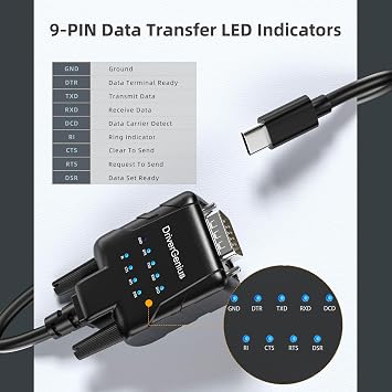 DriverGenius Industrial USB Type C to Serial RS232 DB9 Adapter Converter with 9 x LEDs - Compatible with Win11/10, MacOS